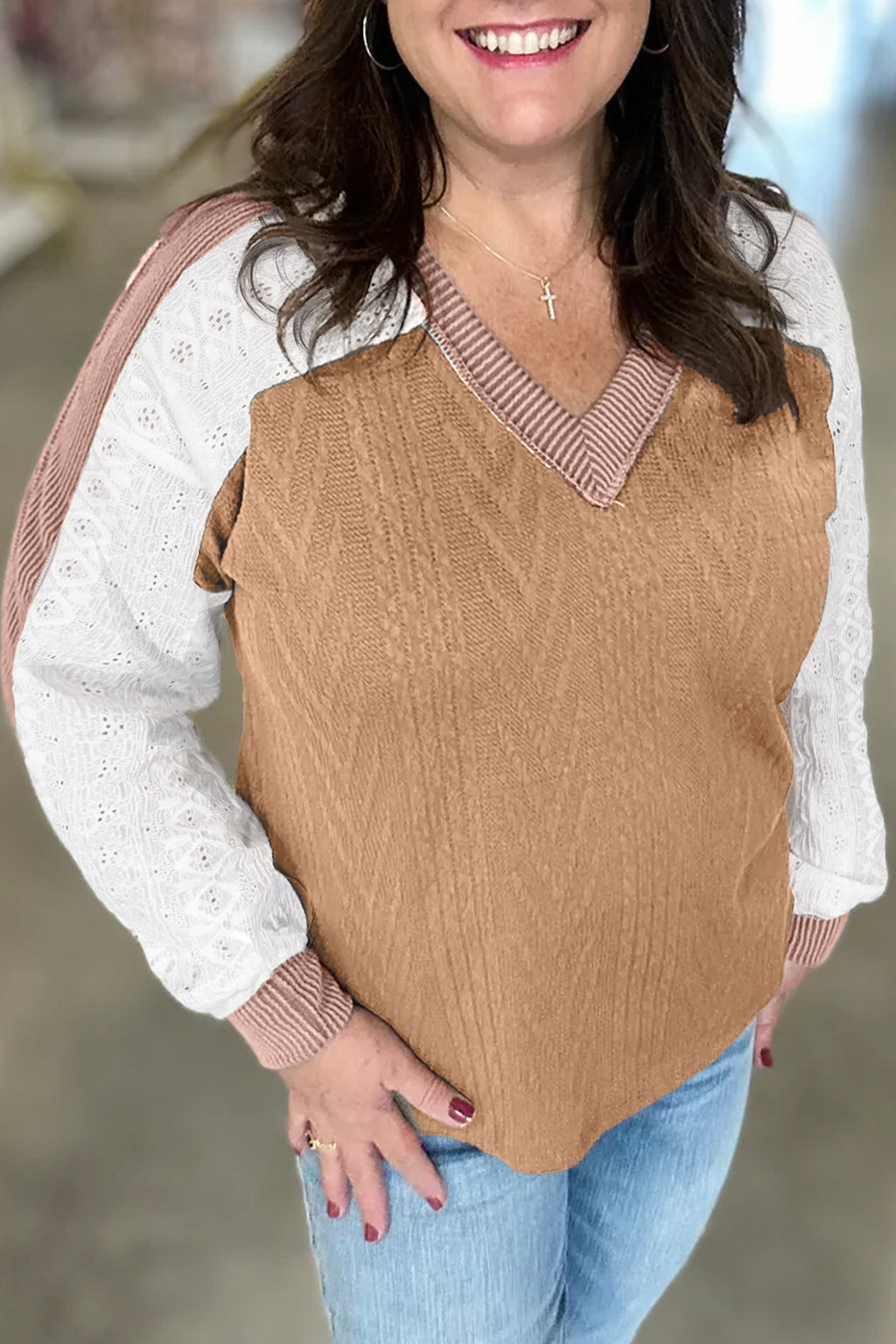 Coffee V Neck Lace Sleeve Patchwork Plus Size Blouse