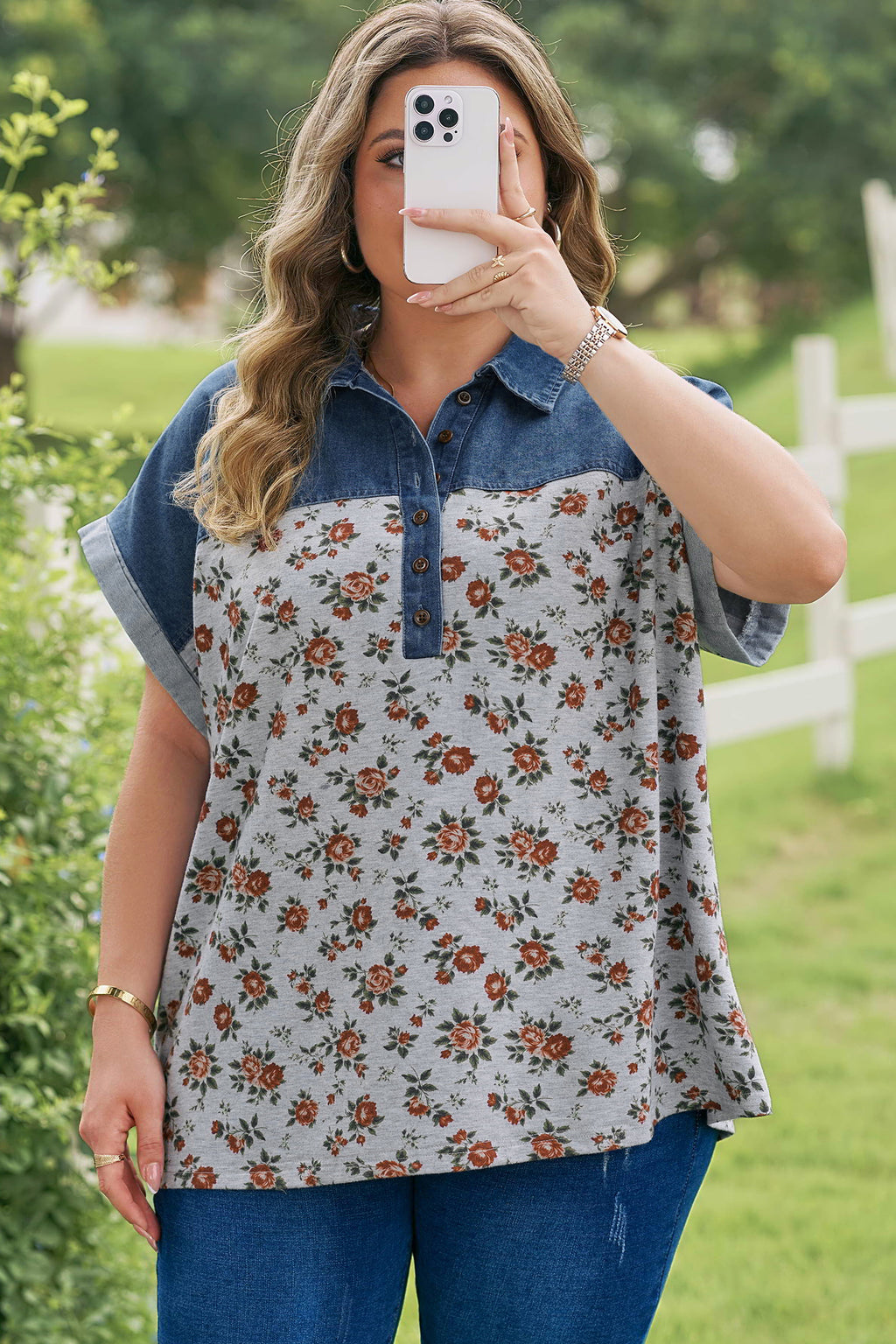 Gray Retro Floral Print Denim Patchwork Plus Size Polo Tee
