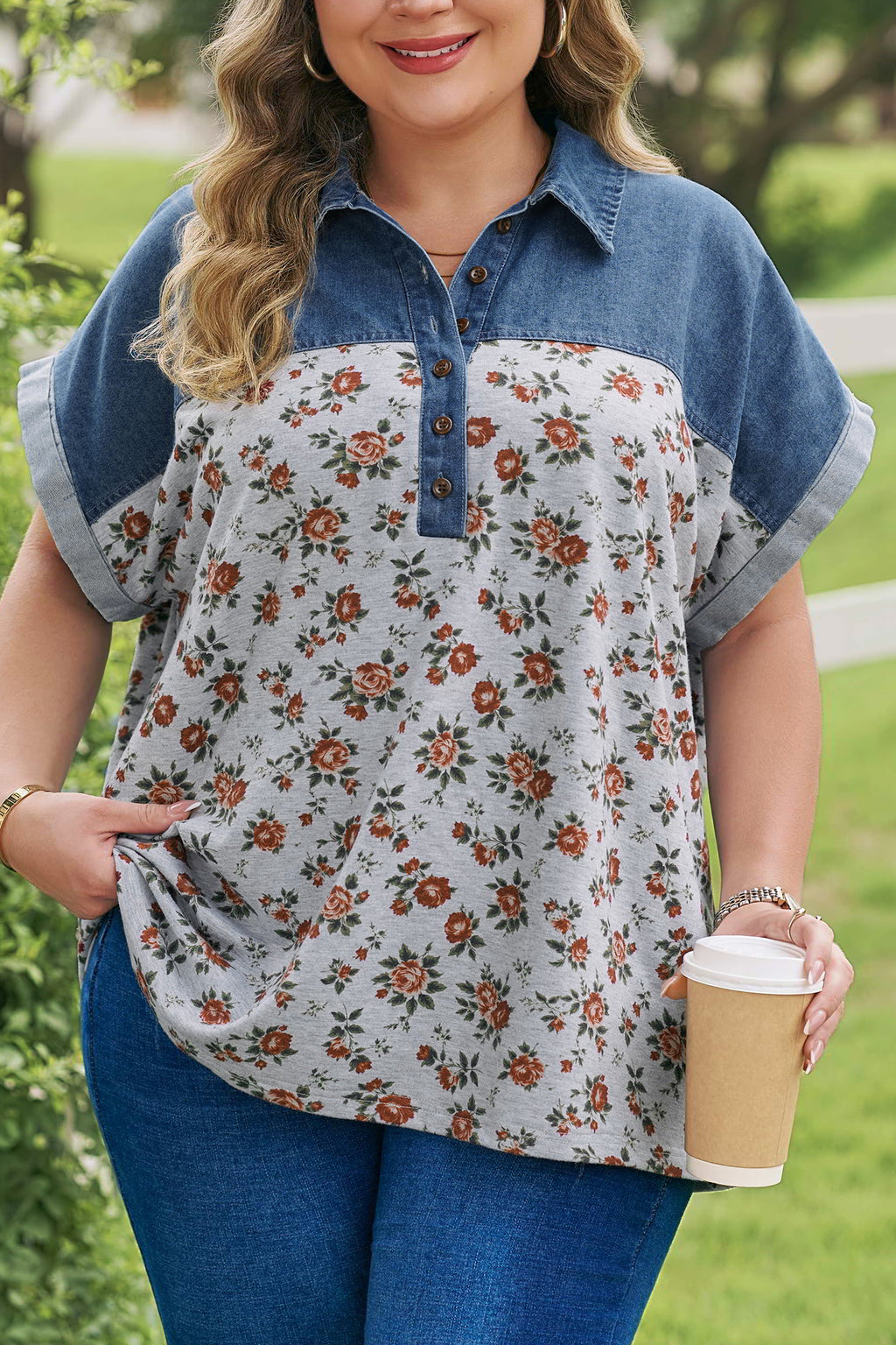 Gray Retro Floral Print Denim Patchwork Plus Size Polo Tee