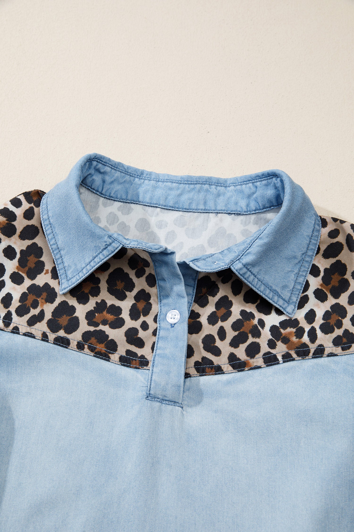 Myosotis Denim Color Block Leopard Patchwork Shirt Collar T Shirt Mini Dress