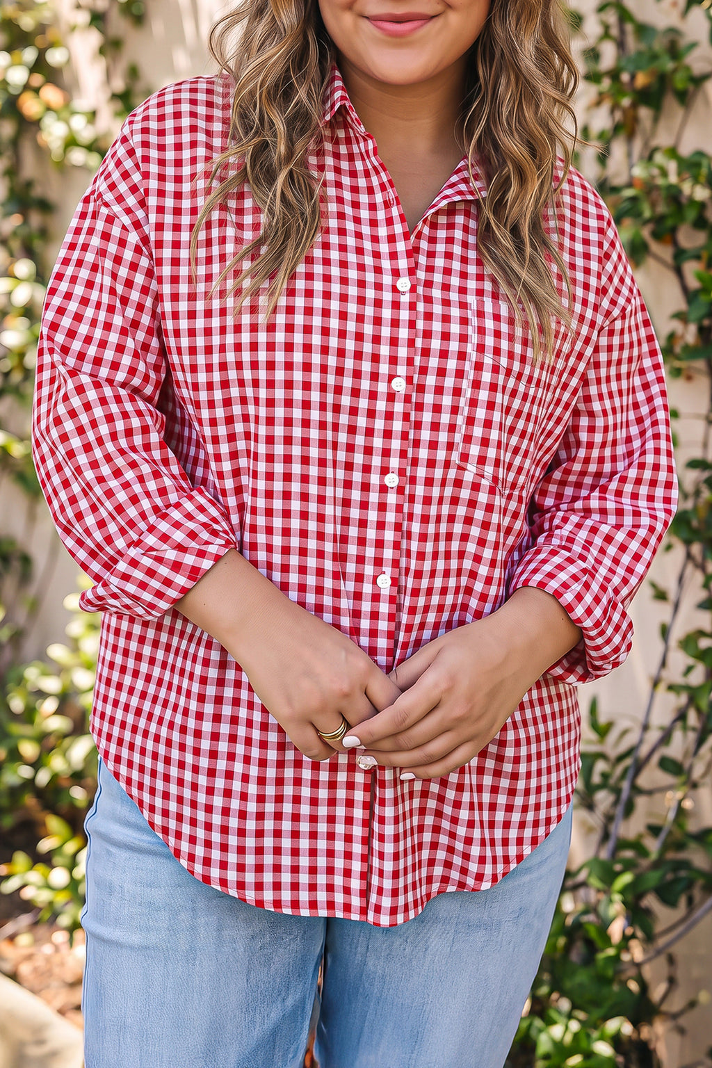 Red Plaid V Neck Long Sleeve Tunic Loose Fit Plus Size Shirt
