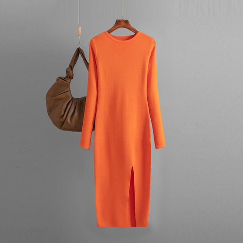 Vestido de cuello redondo sin espalda de punto de manga larga de otoño e invierno