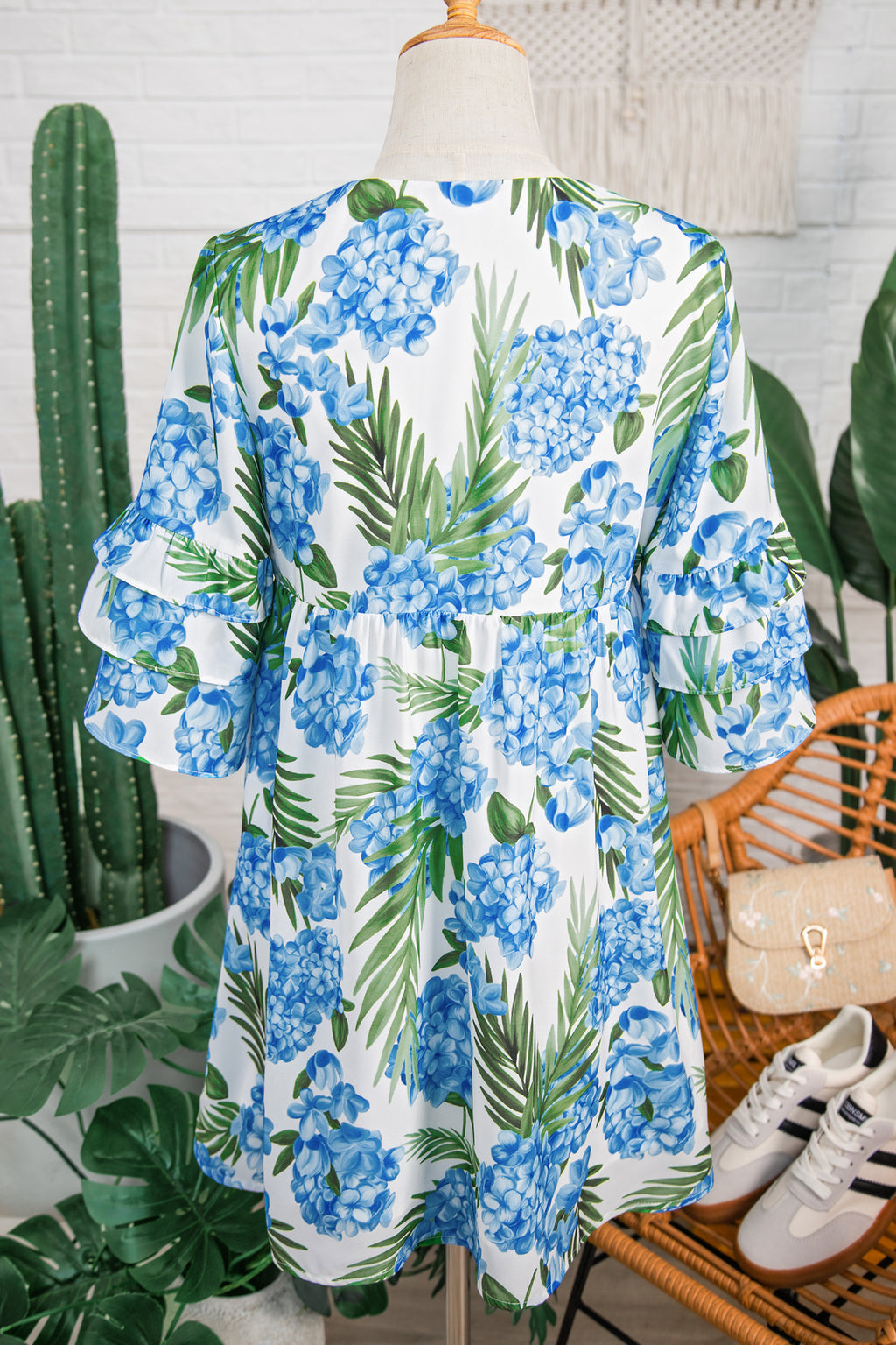 Sky Blue Palm Floral Print Contrast Ribbon Knot Ruffle Tiered Sleeve Mini Dress