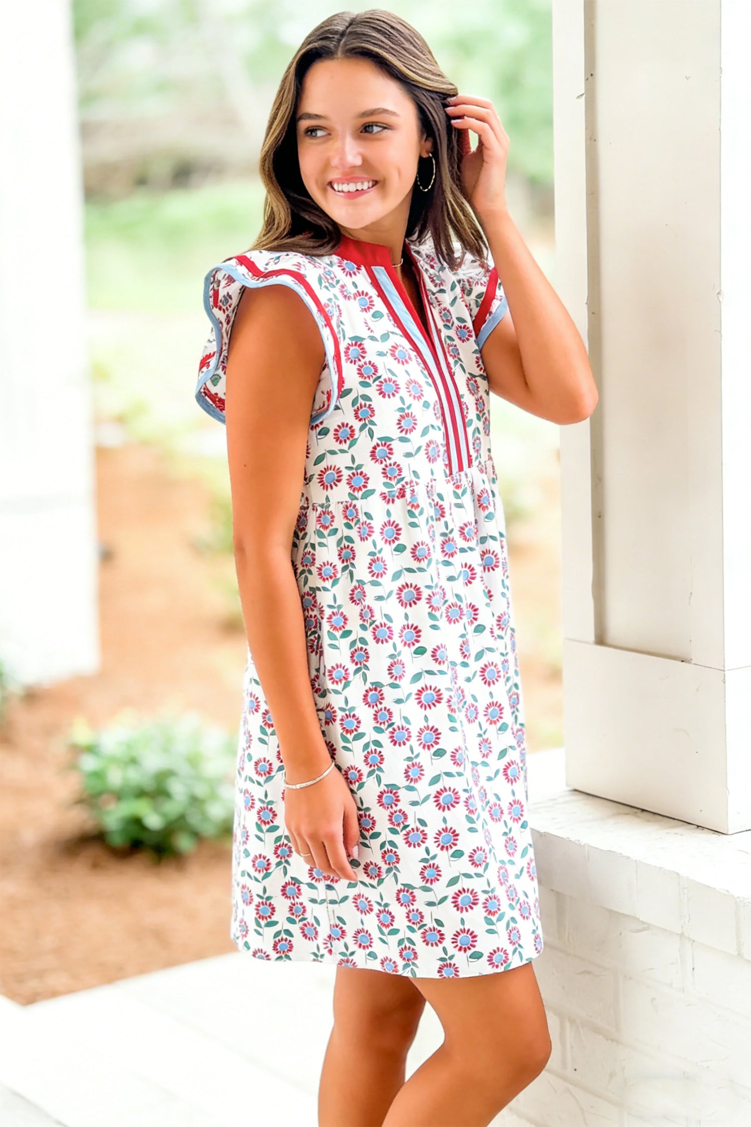 Sky Blue Floral Print Contrast Trim Flutter Sleeve Mini Dress