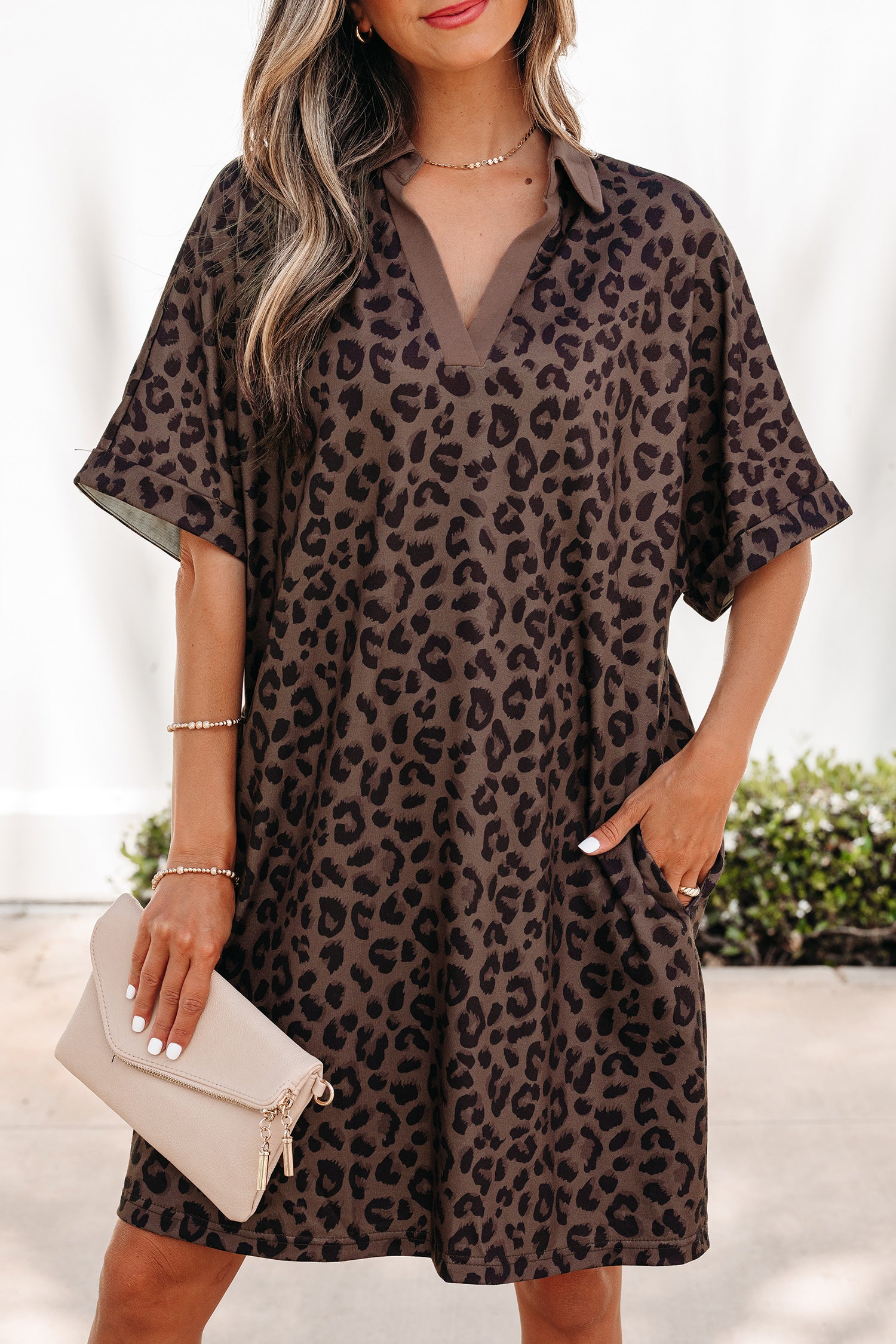 Brown Leopard Print Contrast Collar V-Neck Mini Dress