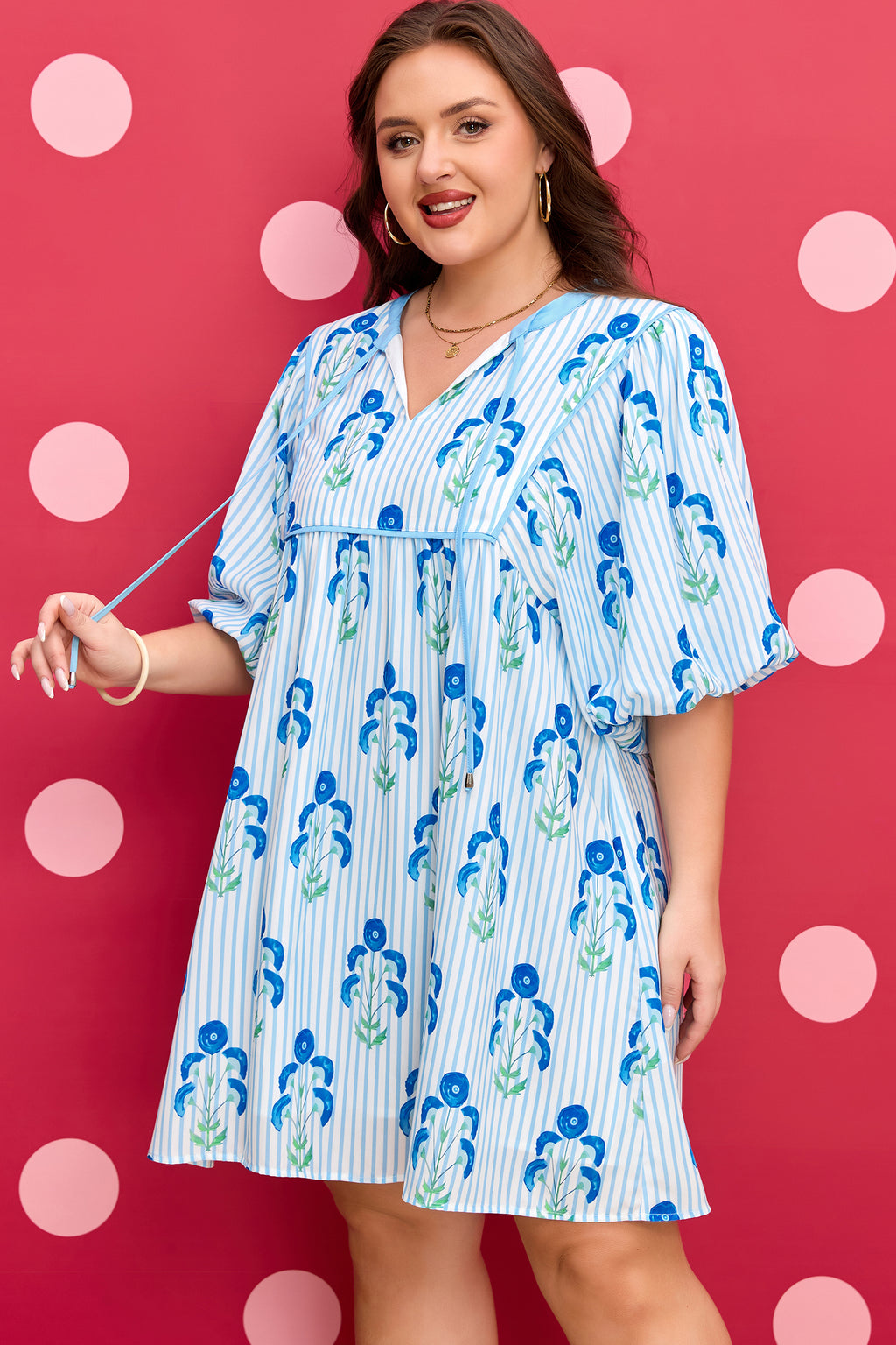 Sky Blue Floral Striped Bubble Short Sleeve Plus Size Dress