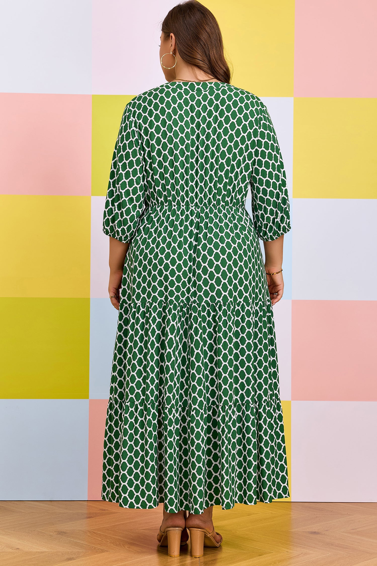 Green Plus Size Geometric Print Pocketed Ruffle Hem Casual Dress