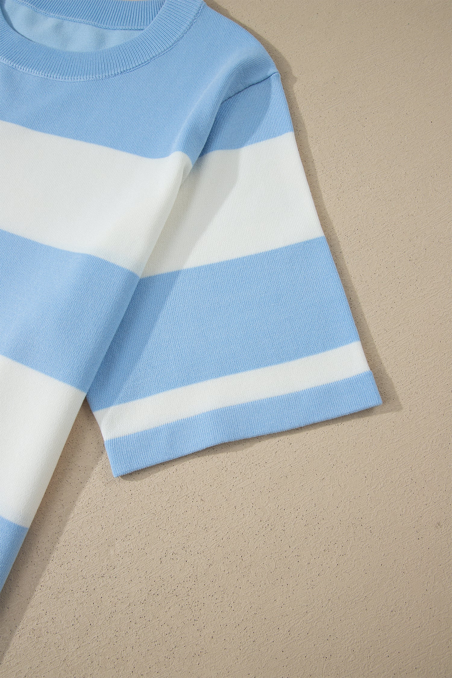 Sky Blue Stripe Colorblock Plus Size Short Sleeve Sweater