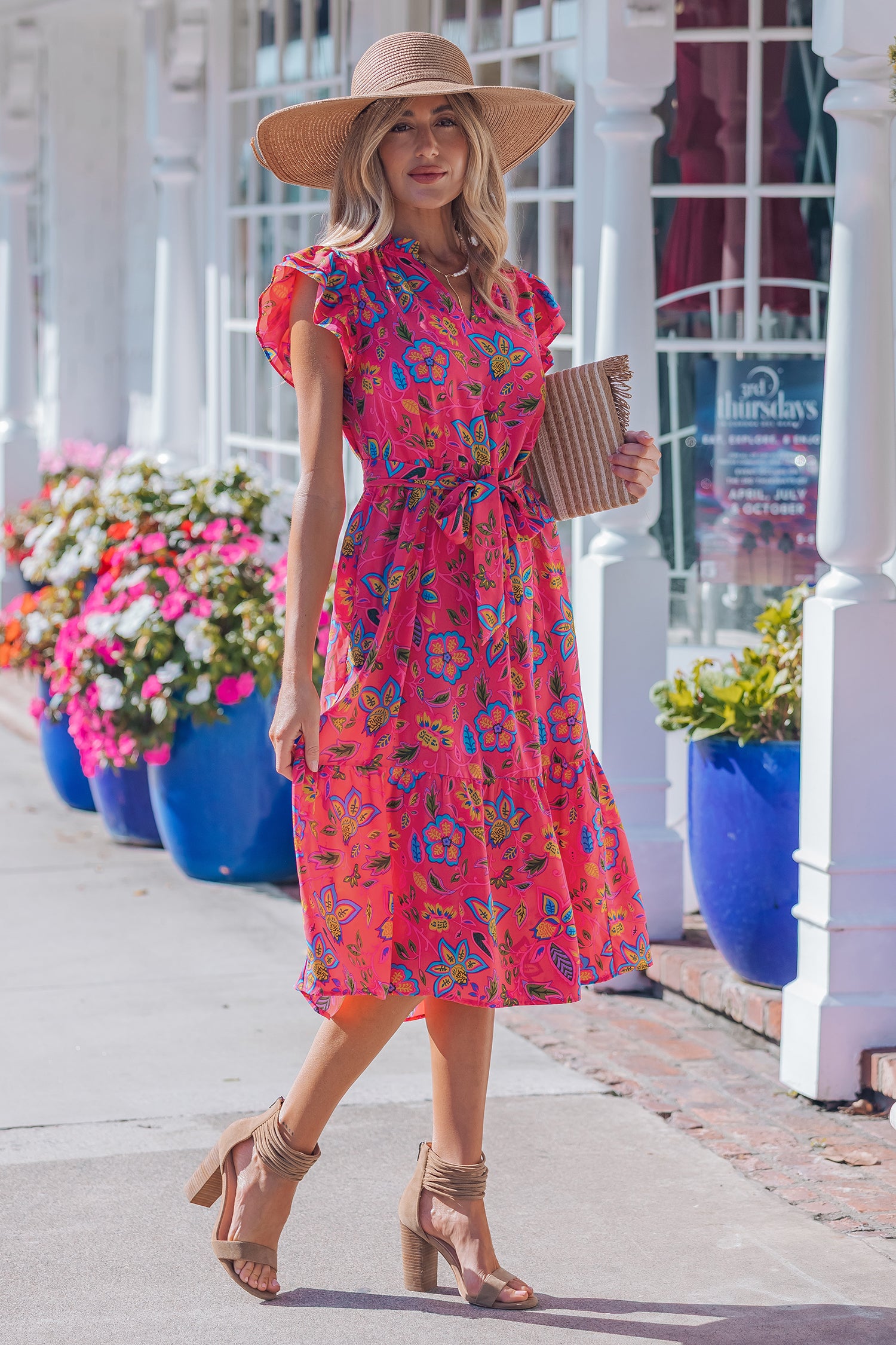 Rose Flutter Sleeve Belted Floral Long Dress
