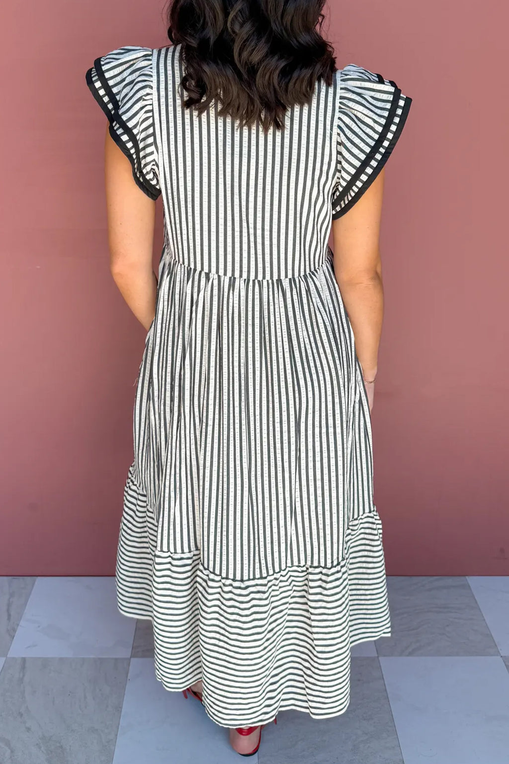 Brown Stripe Plus Size Slit V Neck Tiered Flutter Sleeve Maxi Dress
