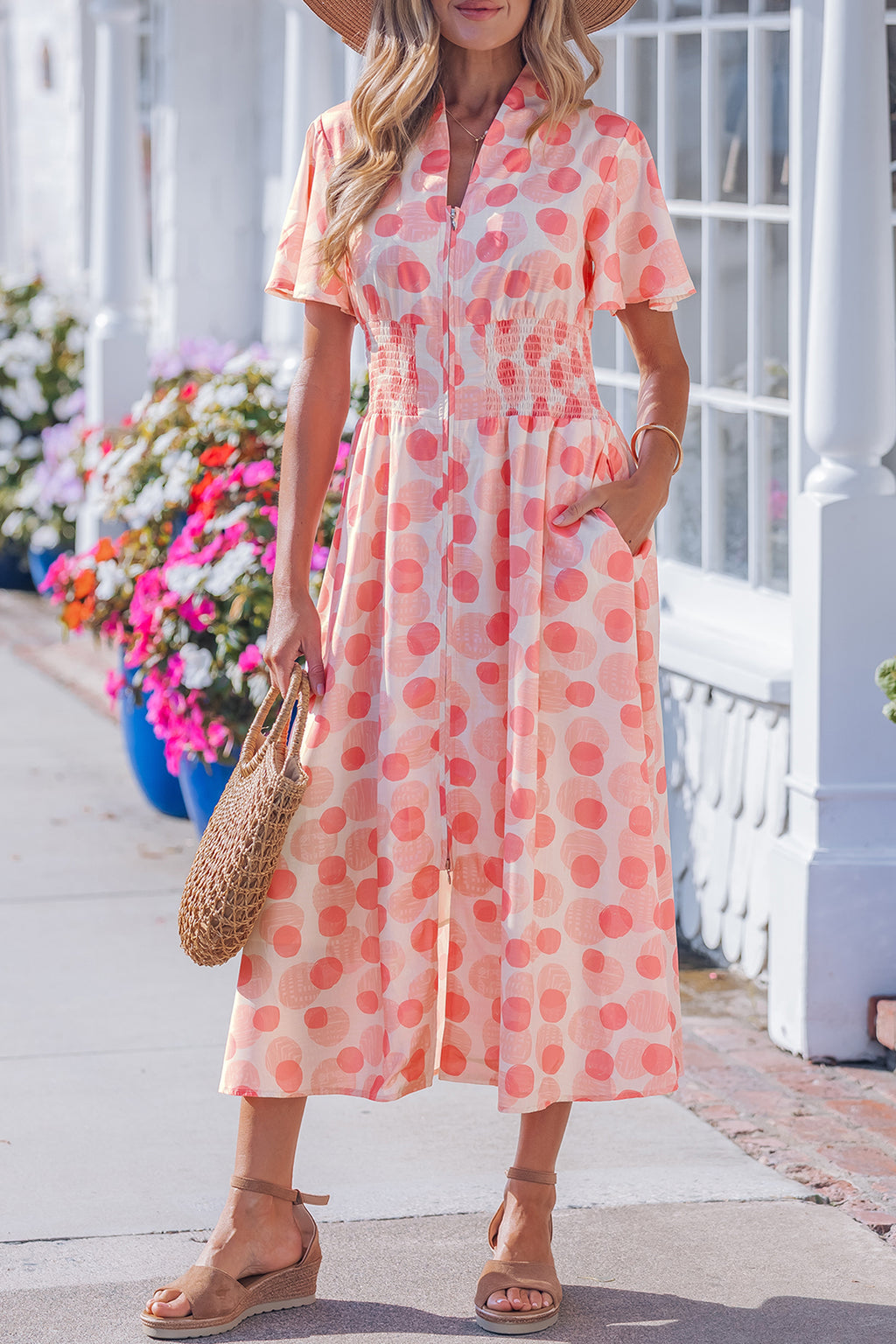 Pink Polka Dot Printed Ruffle Short Sleeve Zip Up Long Dress