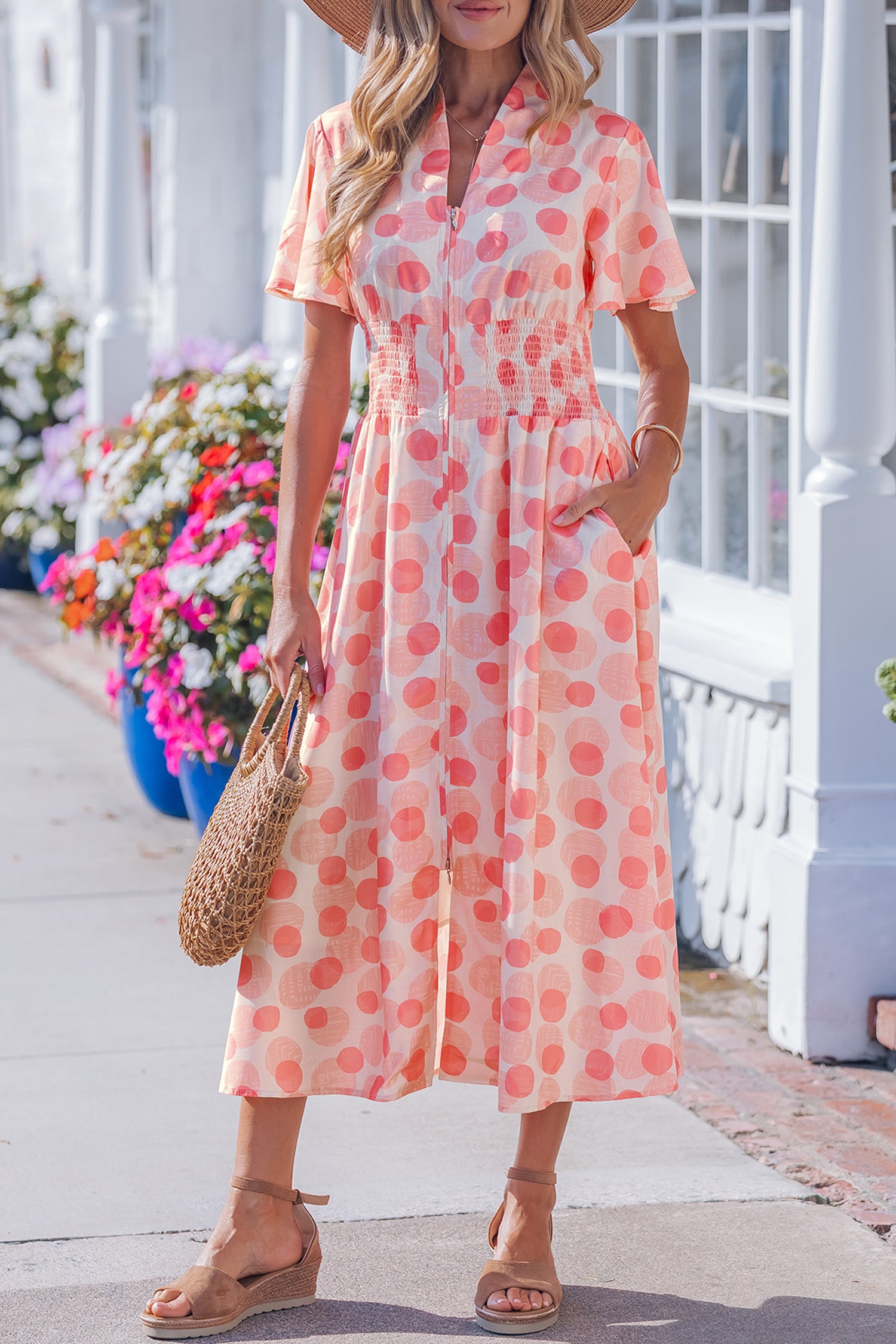Pink Polka Dot Printed Ruffle Short Sleeve Zip Up Long Dress