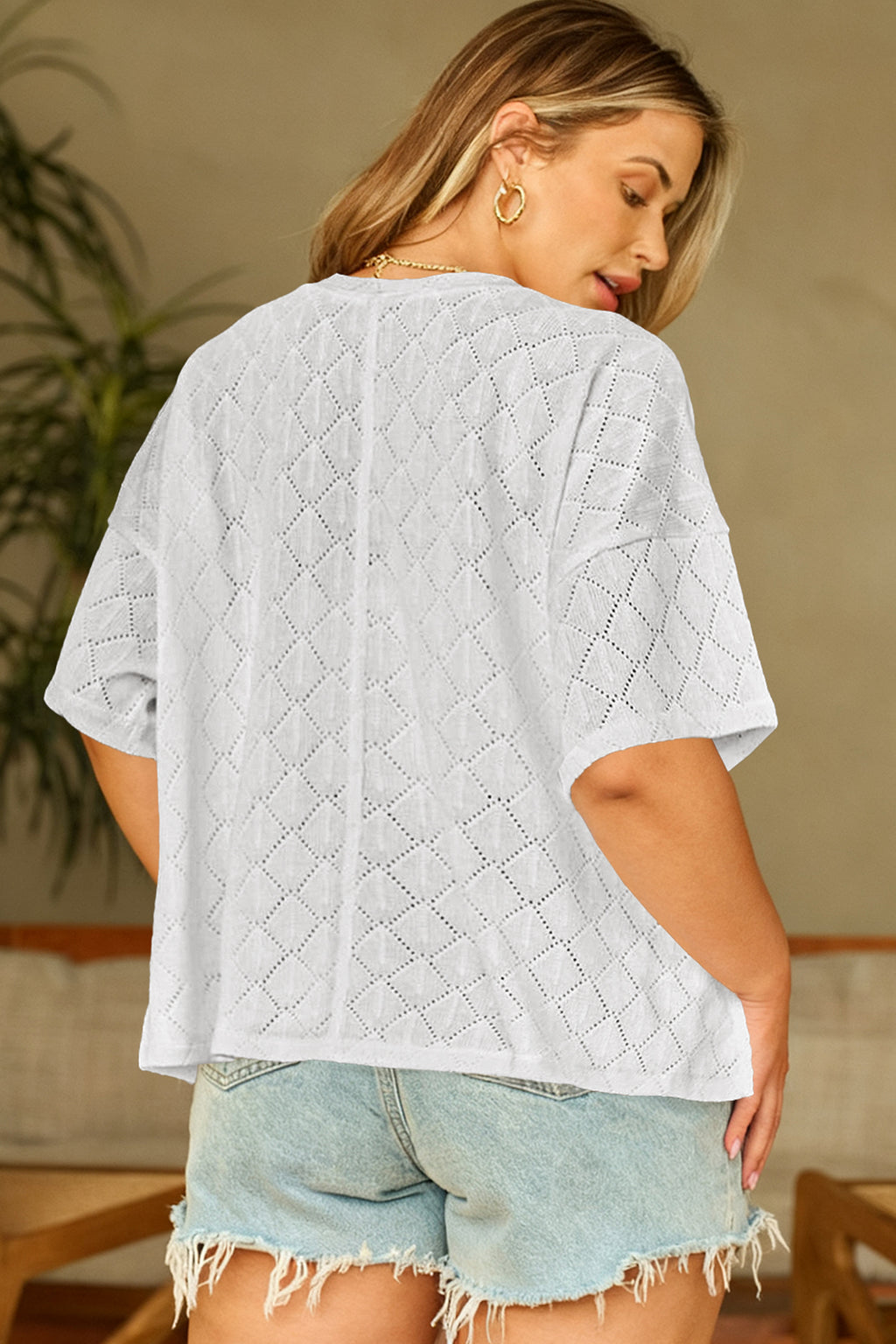 Golden Fleece Pointelle Rhombus Knit Plus Size V Neck Loose Top