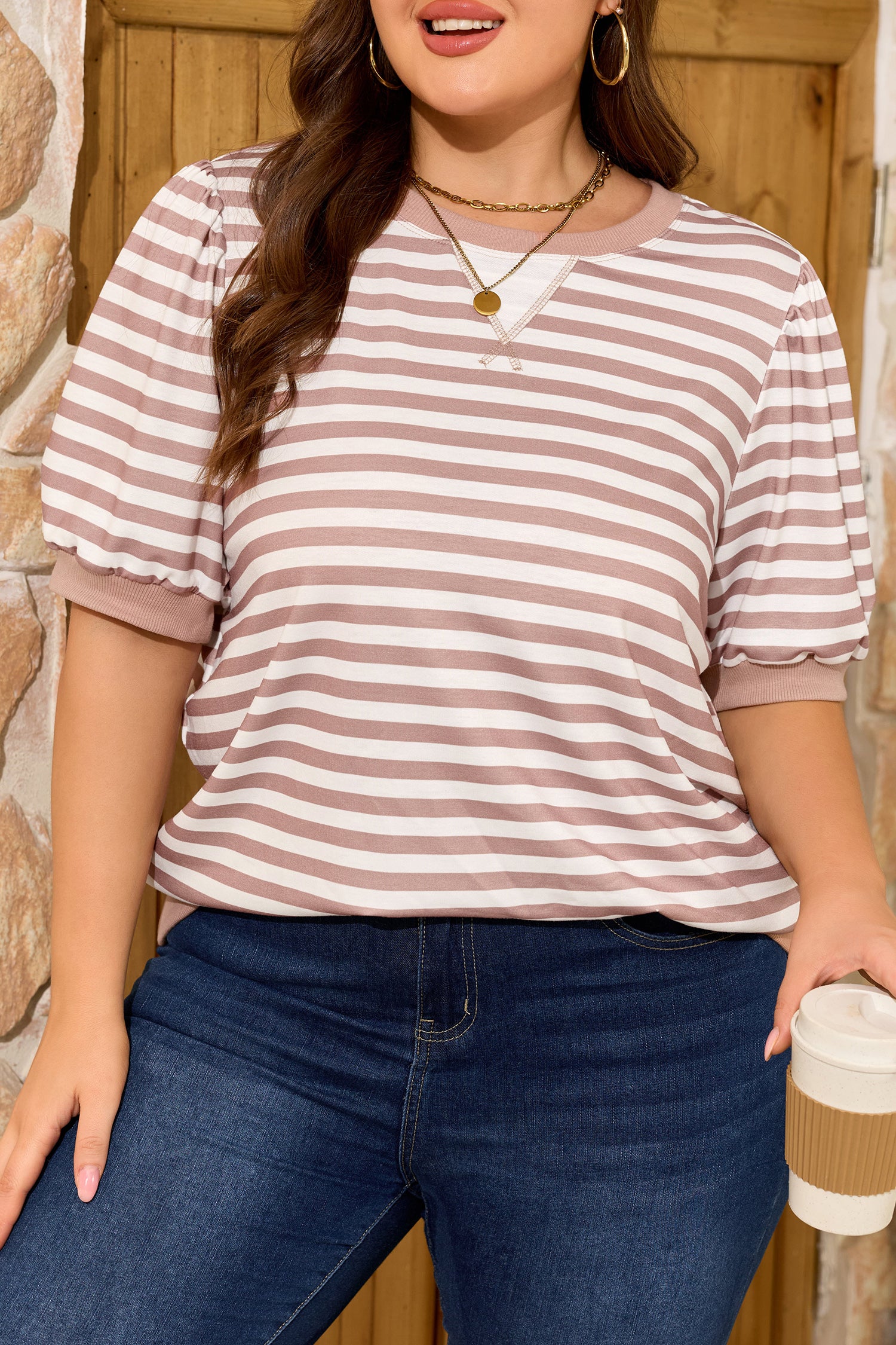 Orange Stripe Ribbed Trim Round Neck Short Puff Sleeve Plus T Shirt