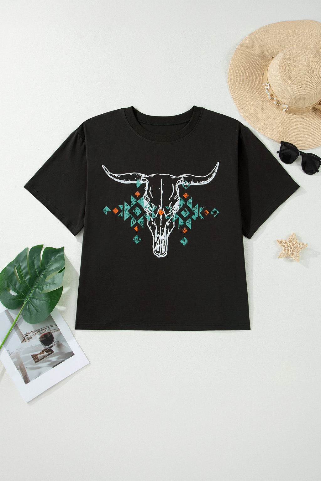 Carbon Grey Plus Size Western Aztec Bull Skull Printed T Shirt