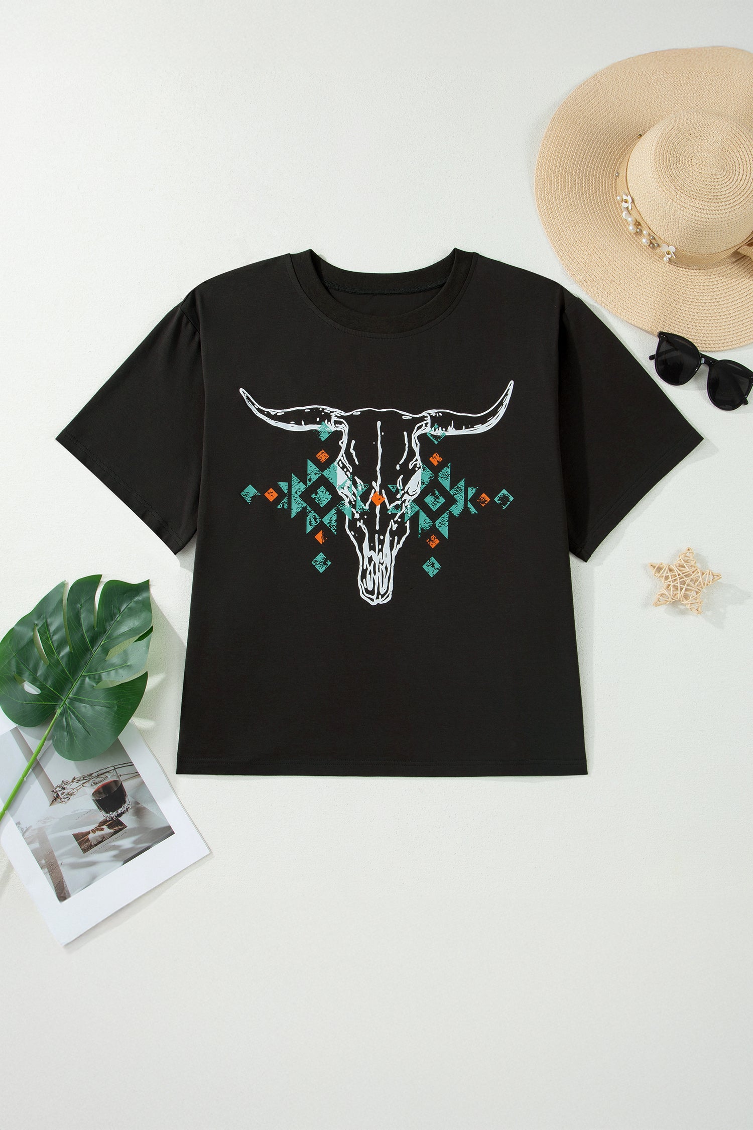 Carbon Grey Plus Size Western Aztec Bull Skull Printed T Shirt