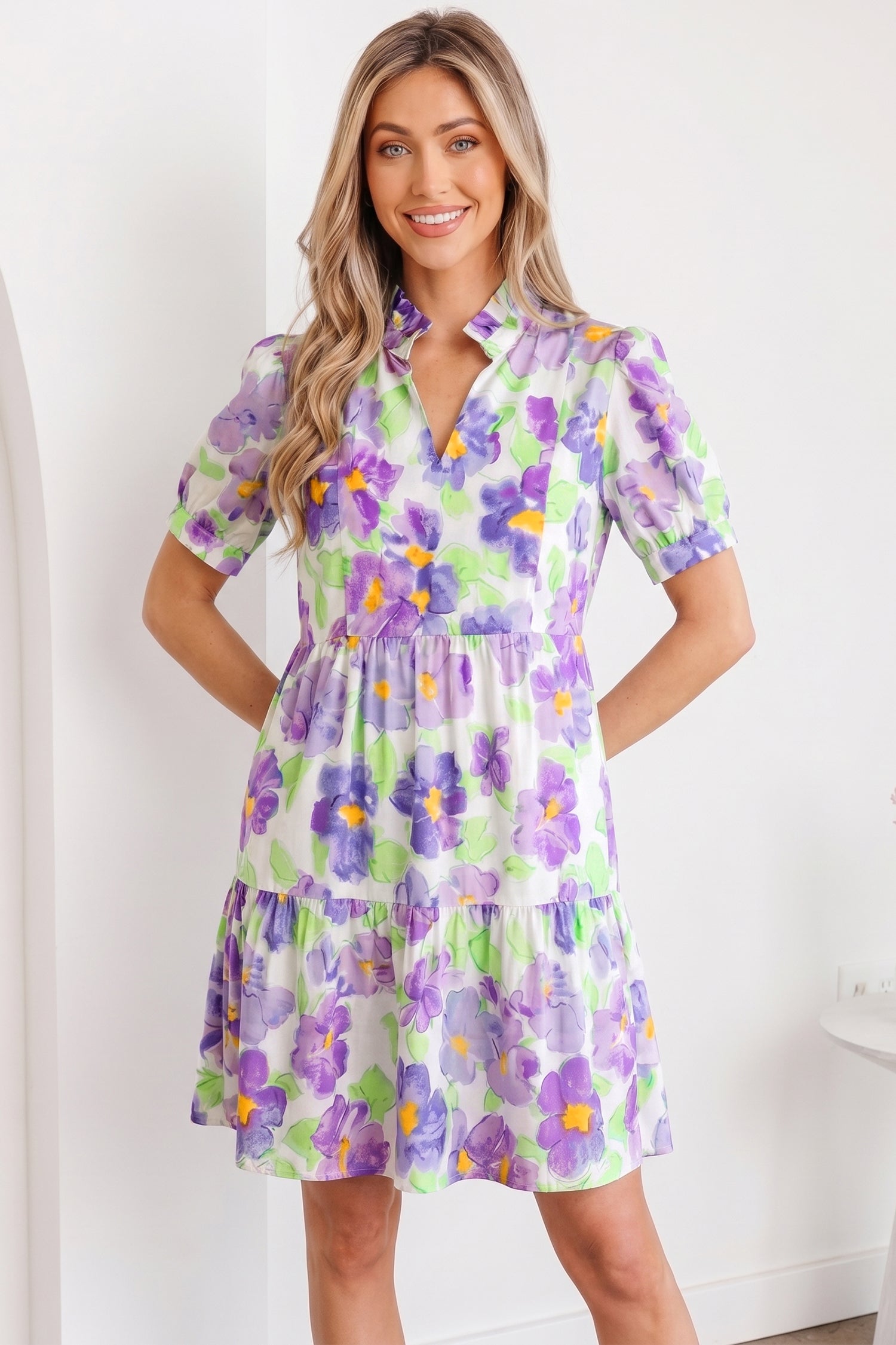 Purple Floral V Collar Short Sleeve Tiered Ruffle Mini Dress