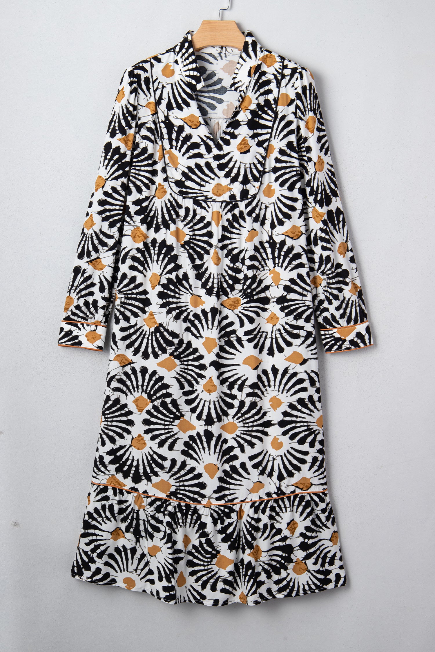 Black Abstract Floral Print Split V Neck Long Dress with Sleeves