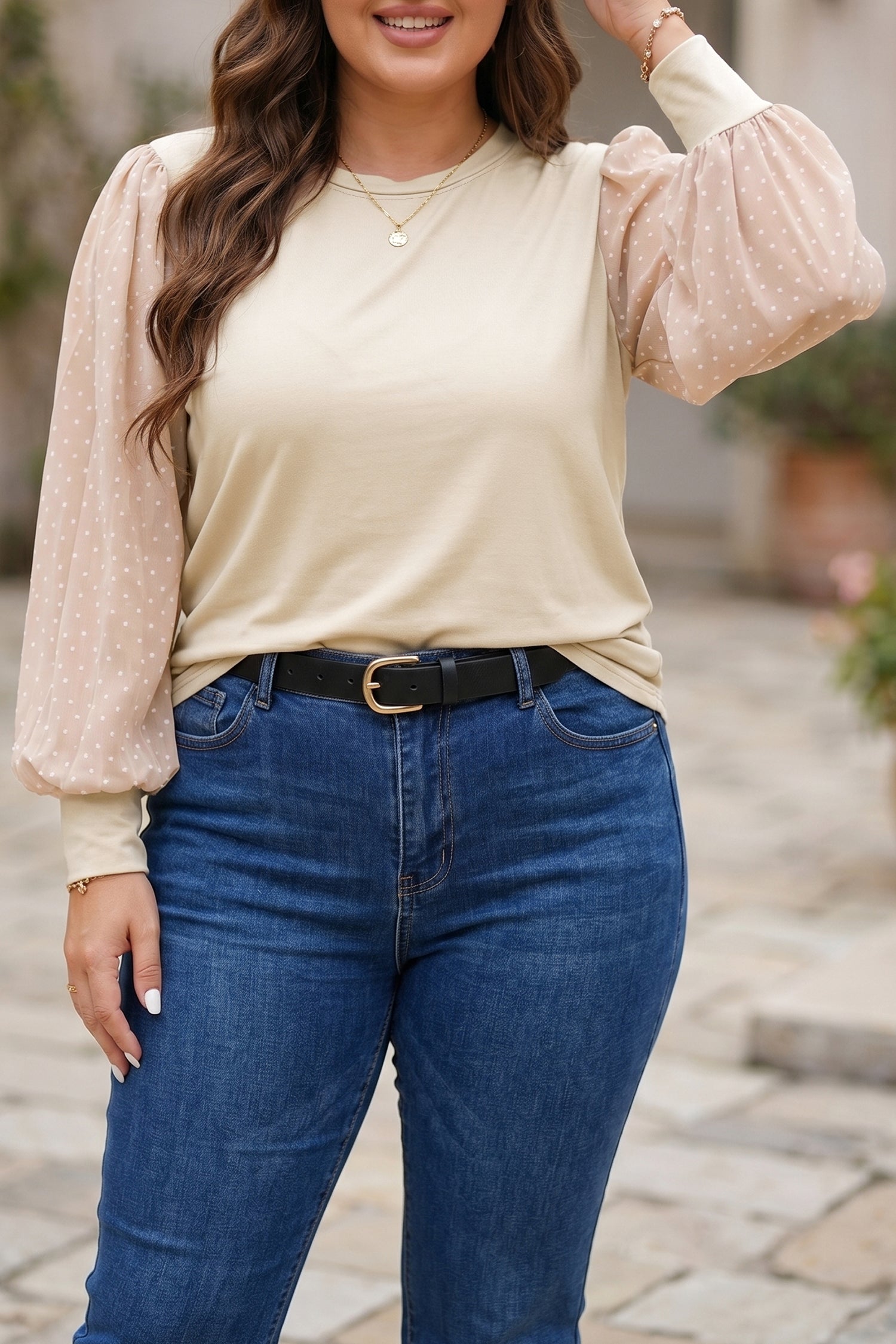 Parchment Polka Dot Long Sleeve Round Neck Plus Size Blouse
