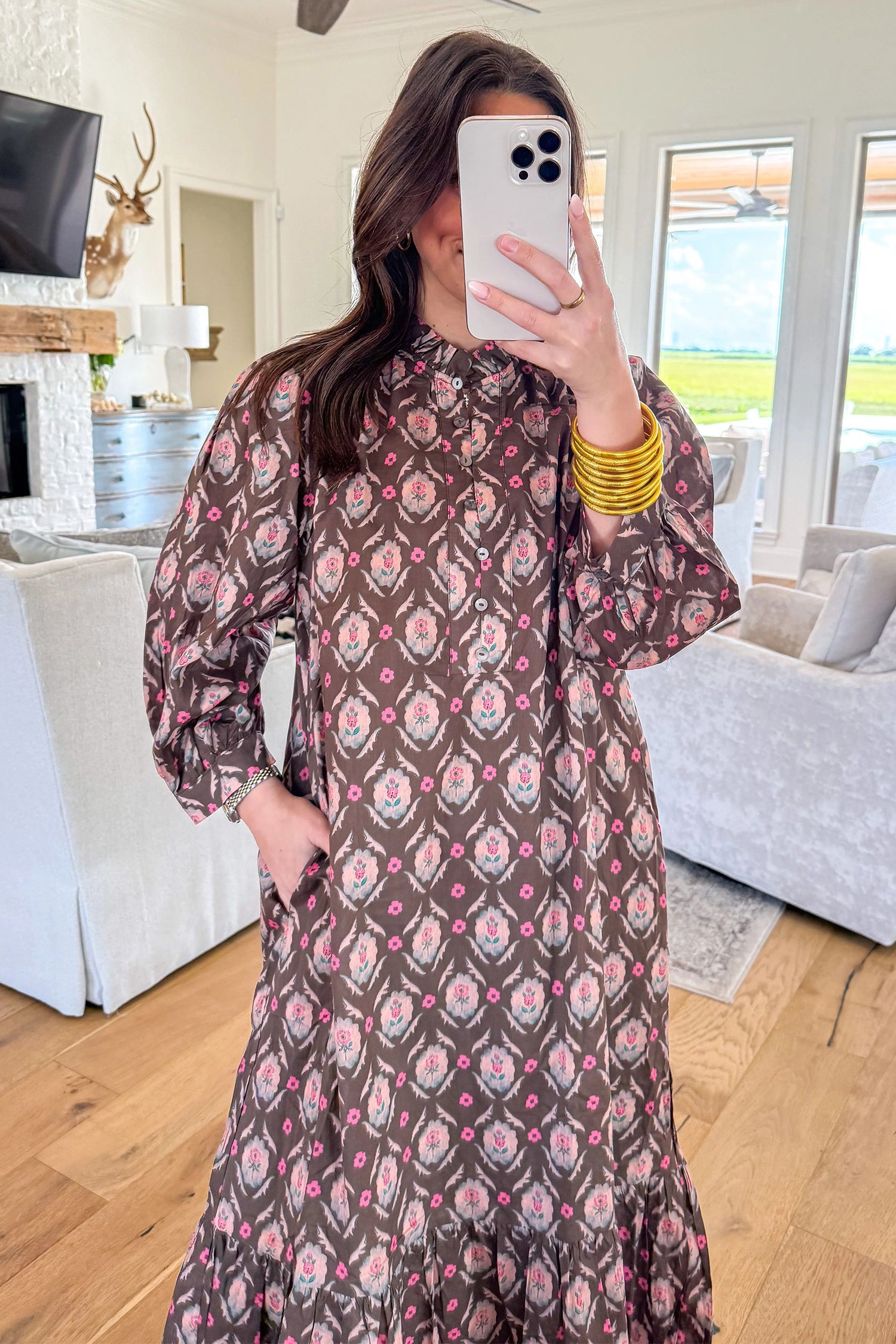 Brown Floral Print Button Front Ruffle Hem Midi Dress
