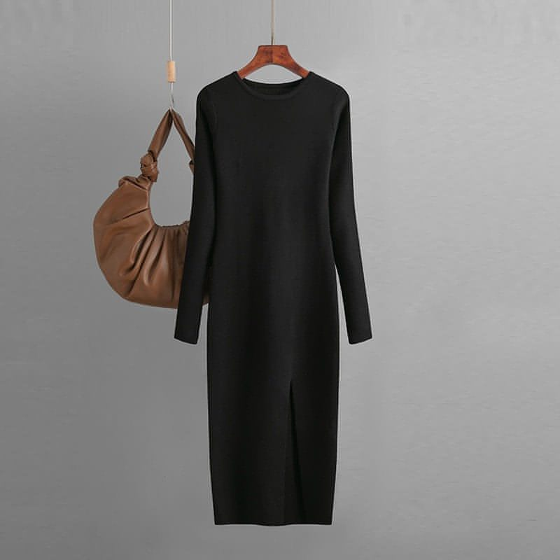 Vestido de cuello redondo sin espalda de punto de manga larga de otoño e invierno