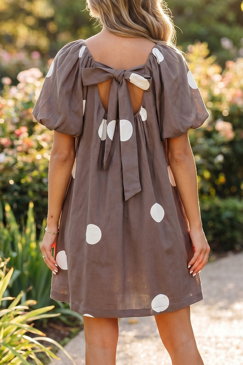 Brown Polka Dot Print Knot Back Short Puff Sleeve Loose Mini Dress