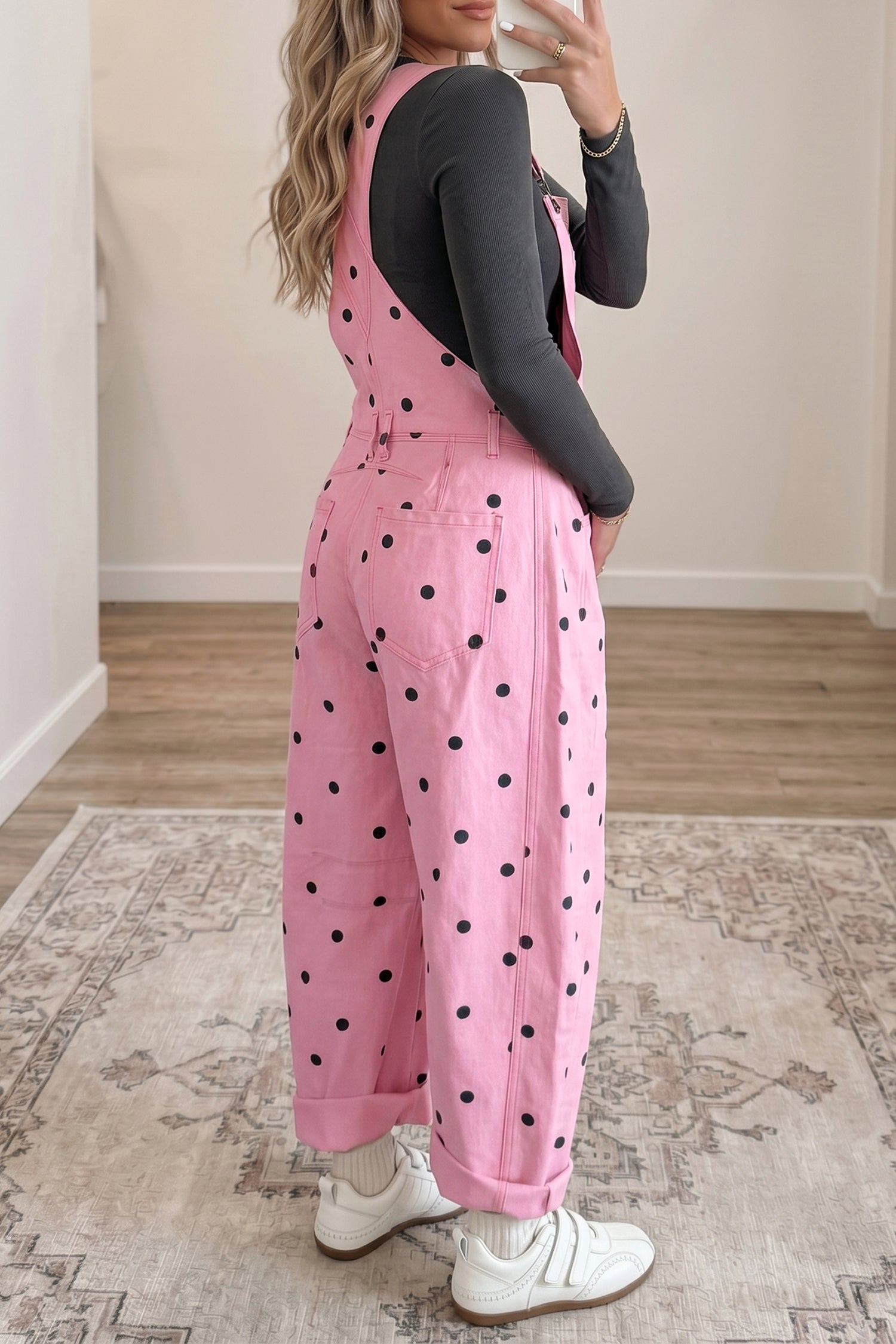 Jet Stream Polka Dot Print Bib Pocket Denim Barrel Overalls Jumpsuit
