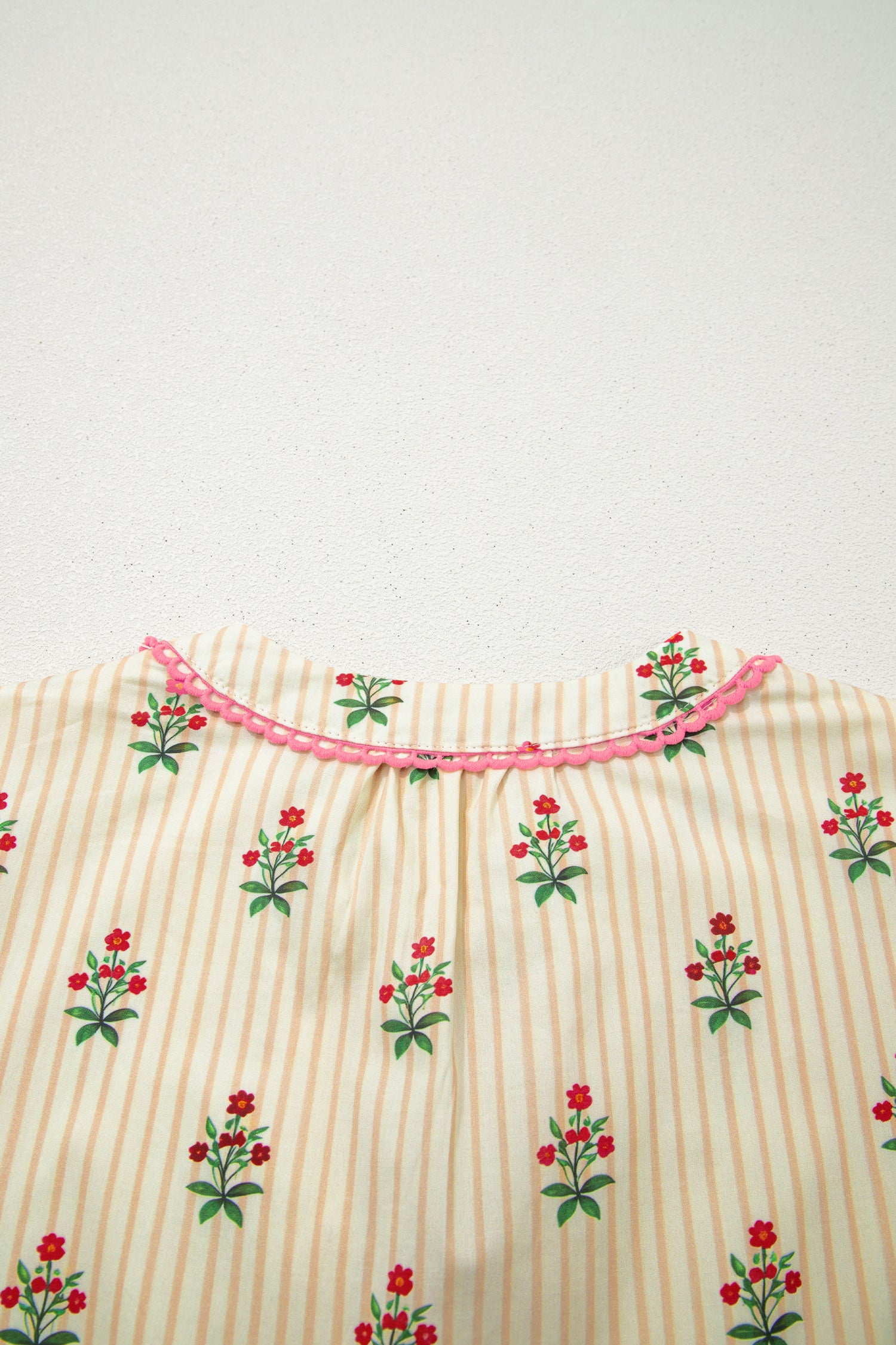 Apricot Striped Floral Print Contrast Detail Ruffle Hem Short Dress