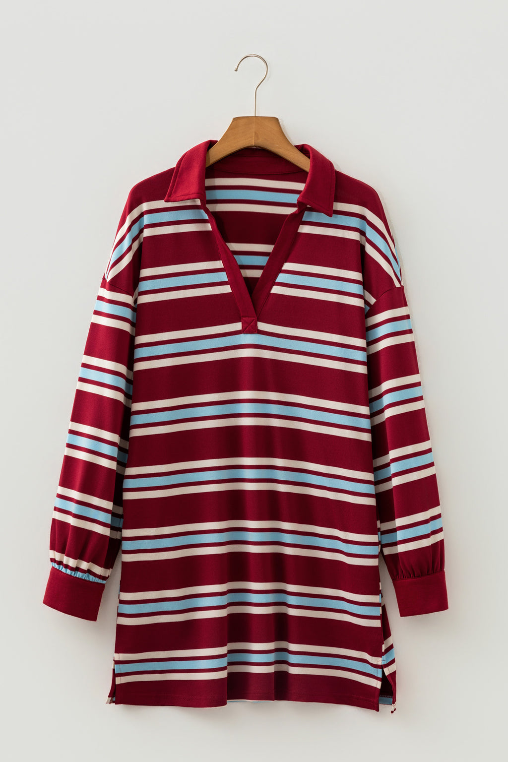 Red Stripe Retro Polo Collar Long Sleeve T Shirt Shift Mini Dress
