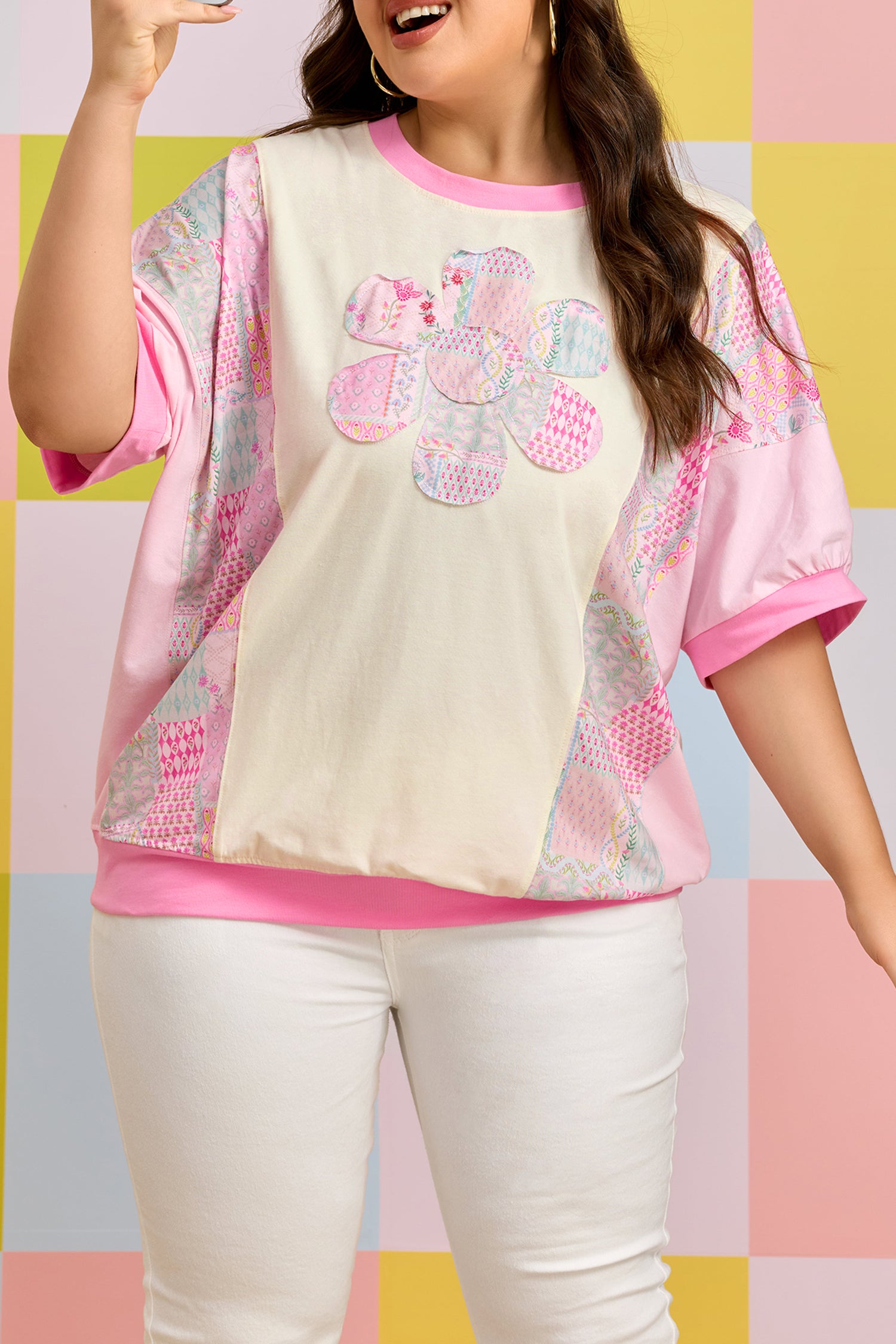 Beige Plus Size Floral Patchwork Short Sleeve Patch Embroidery Cotton T Shirt