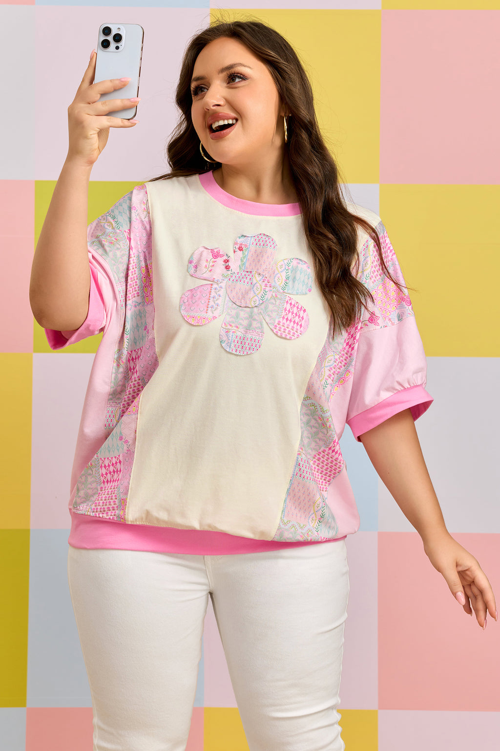 Beige Plus Size Floral Patchwork Short Sleeve Patch Embroidery Cotton T Shirt