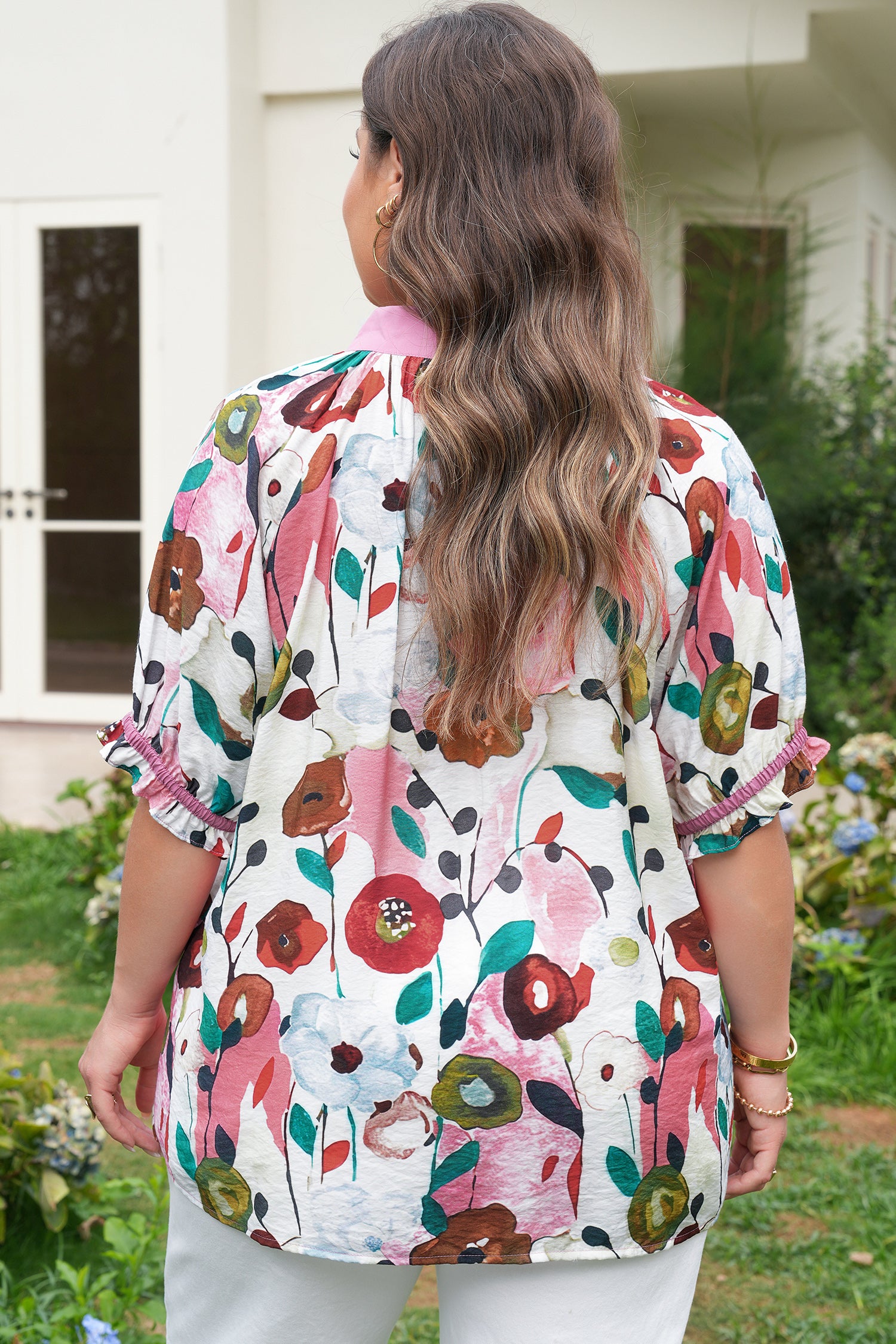 Pink V Neck Short Puff Sleeve Plus Size Floral Blouse