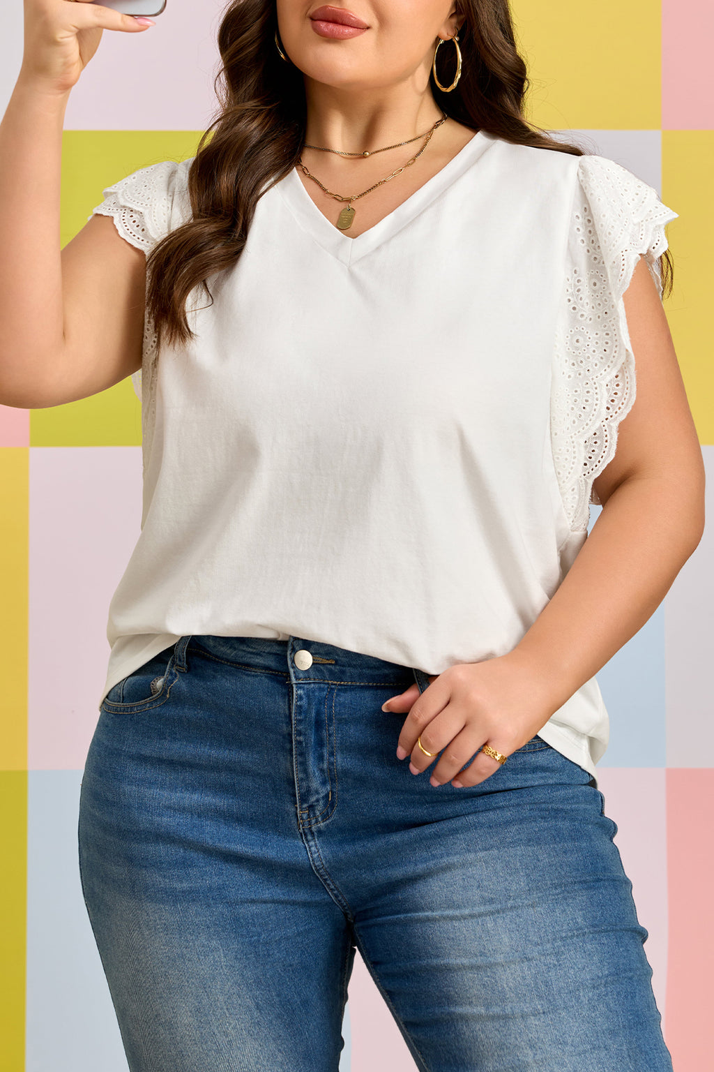 White Eyelet Crochet Splicing Short Sleeve Plus Size Tee