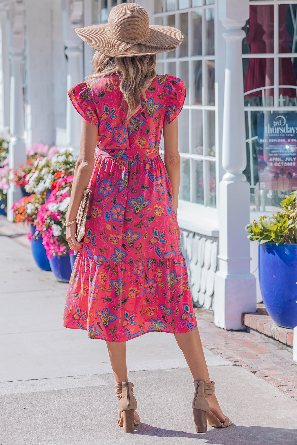 Rose Flutter Sleeve Belted Floral Long Dress