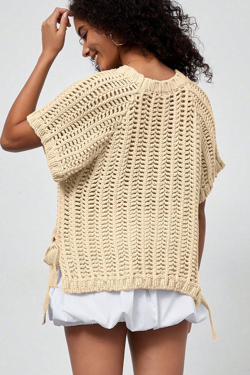 Pink Plus Size Open Knit Bow Tie Short Sleeve Sweater