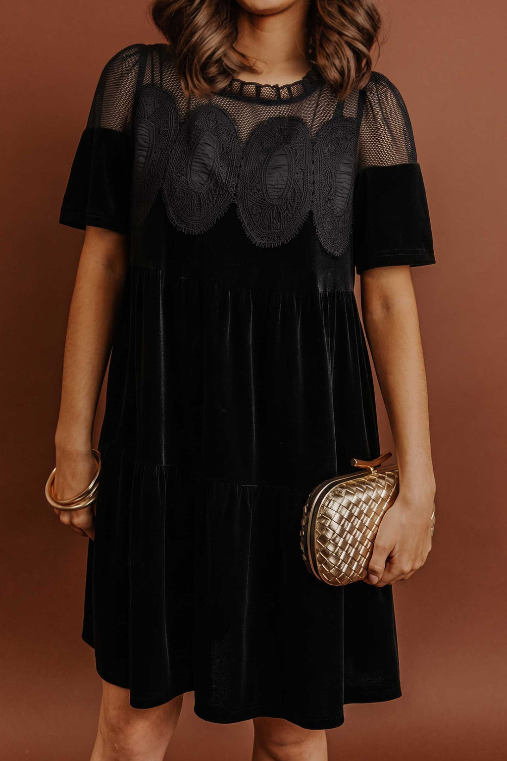 Black Embroidered Velvet Short Sleeve Mini Shift Dress