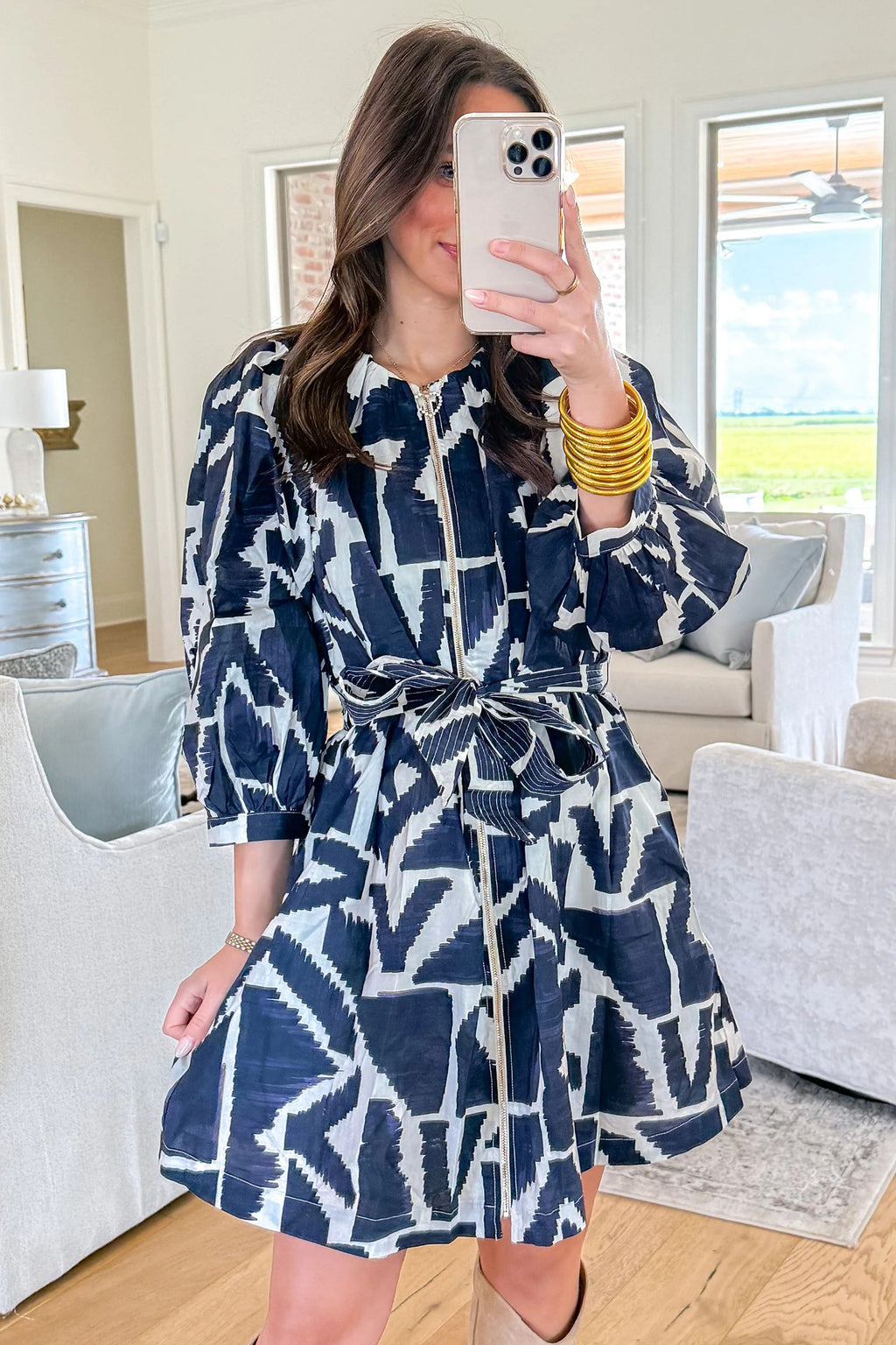 Blue Abstract Geometric Print Zip Front Tie Waist Shift Dress
