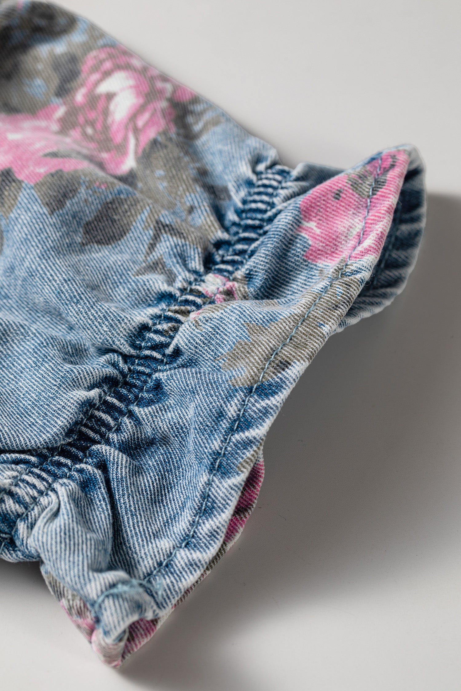 Sky Blue Floral Print Denim Short Sleeve Button Down Dress