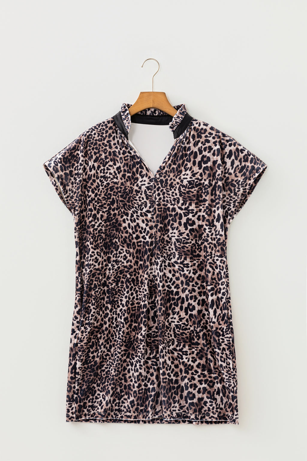Brown Leopard Print Short Sleeve Mini Shift Silhouette Dress