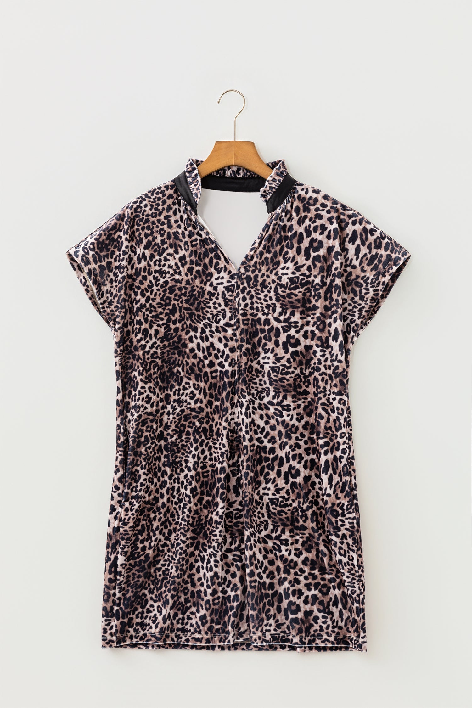 Brown Leopard Print Short Sleeve Mini Shift Silhouette Dress