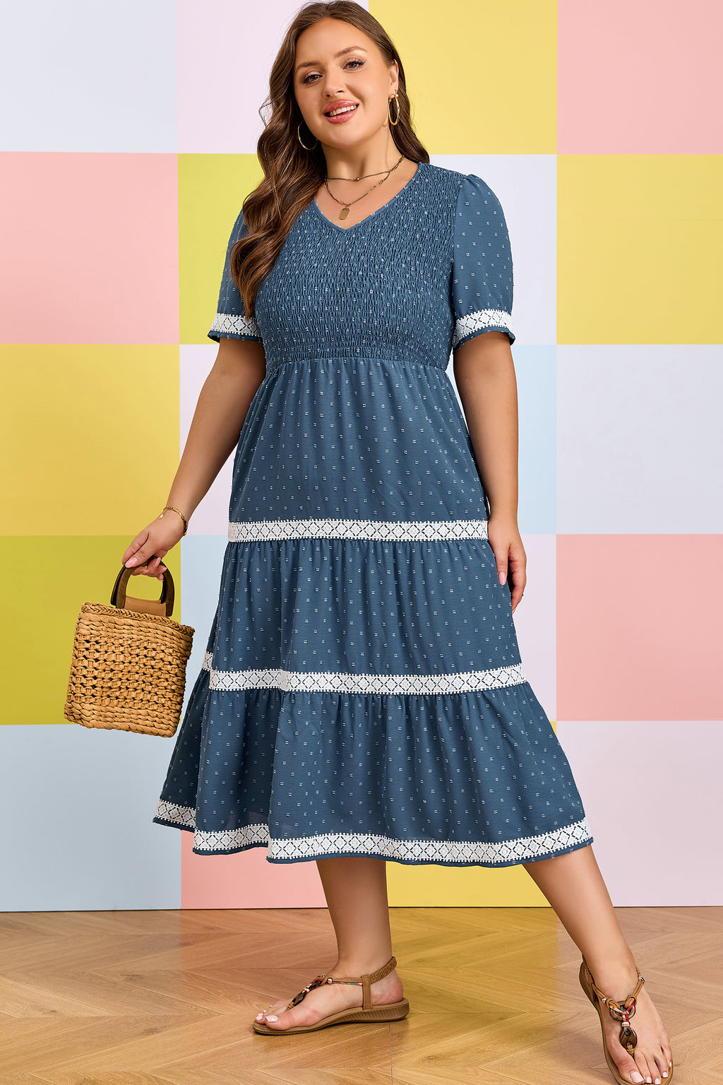 Dusk Blue Plus Size V Neck Swiss Dot Lace Patchwork Detail Flared Midi Dress