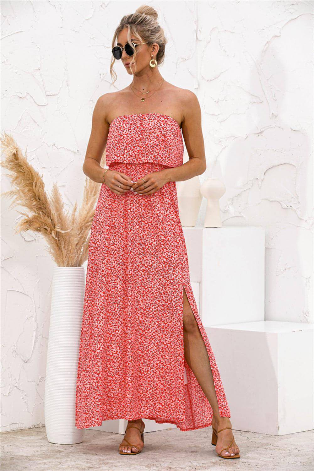 Vestido con abertura y estampado floral en la parte superior del tubo para mujer