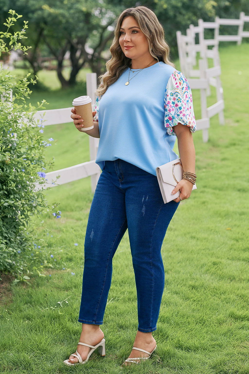 Light Blue Textured Bodice Contrast Floral Sleeve Plus Size Top