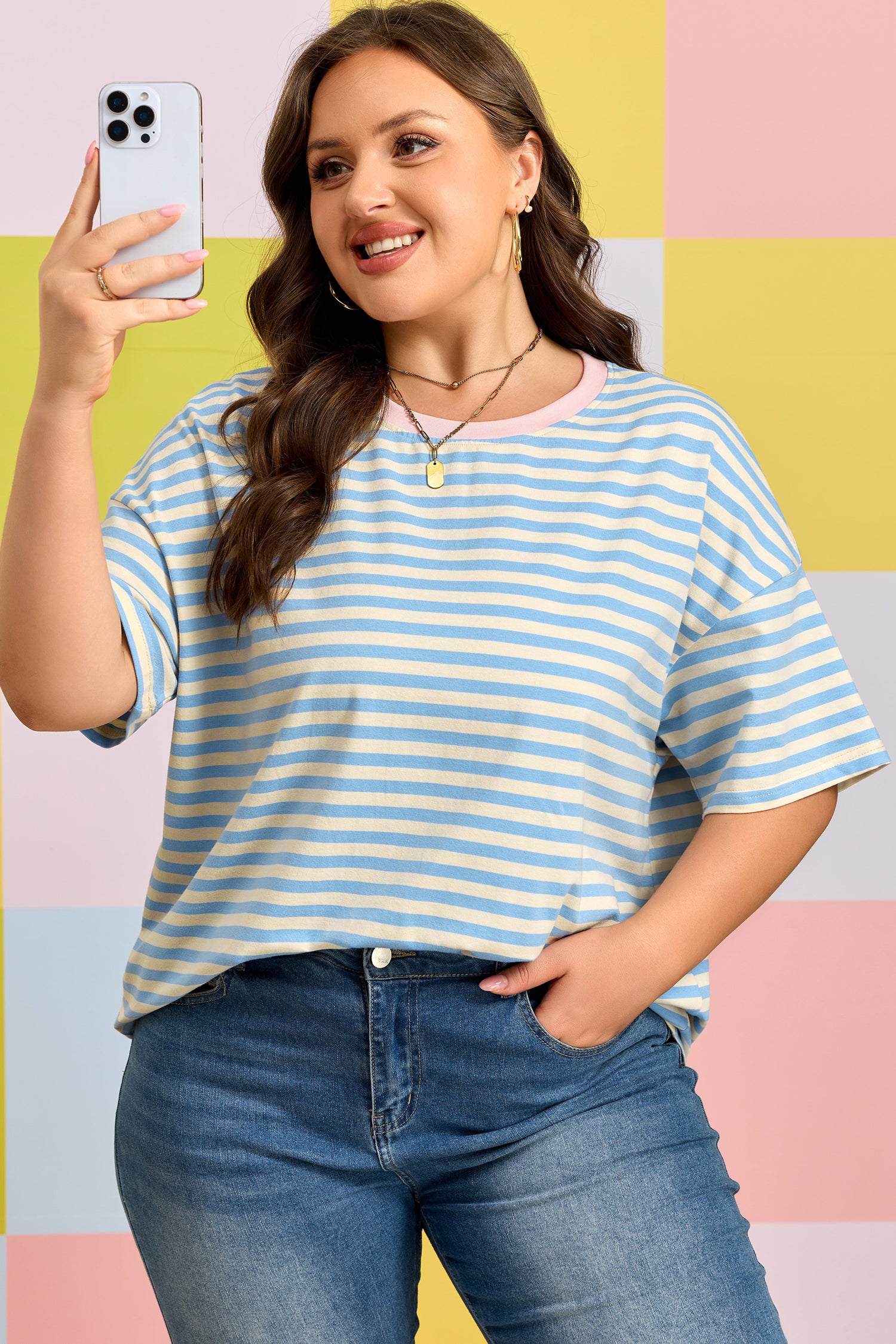 Sky Blue Stripe Plus Size Drop Shoulder Contrast Trim Round Neck Tee