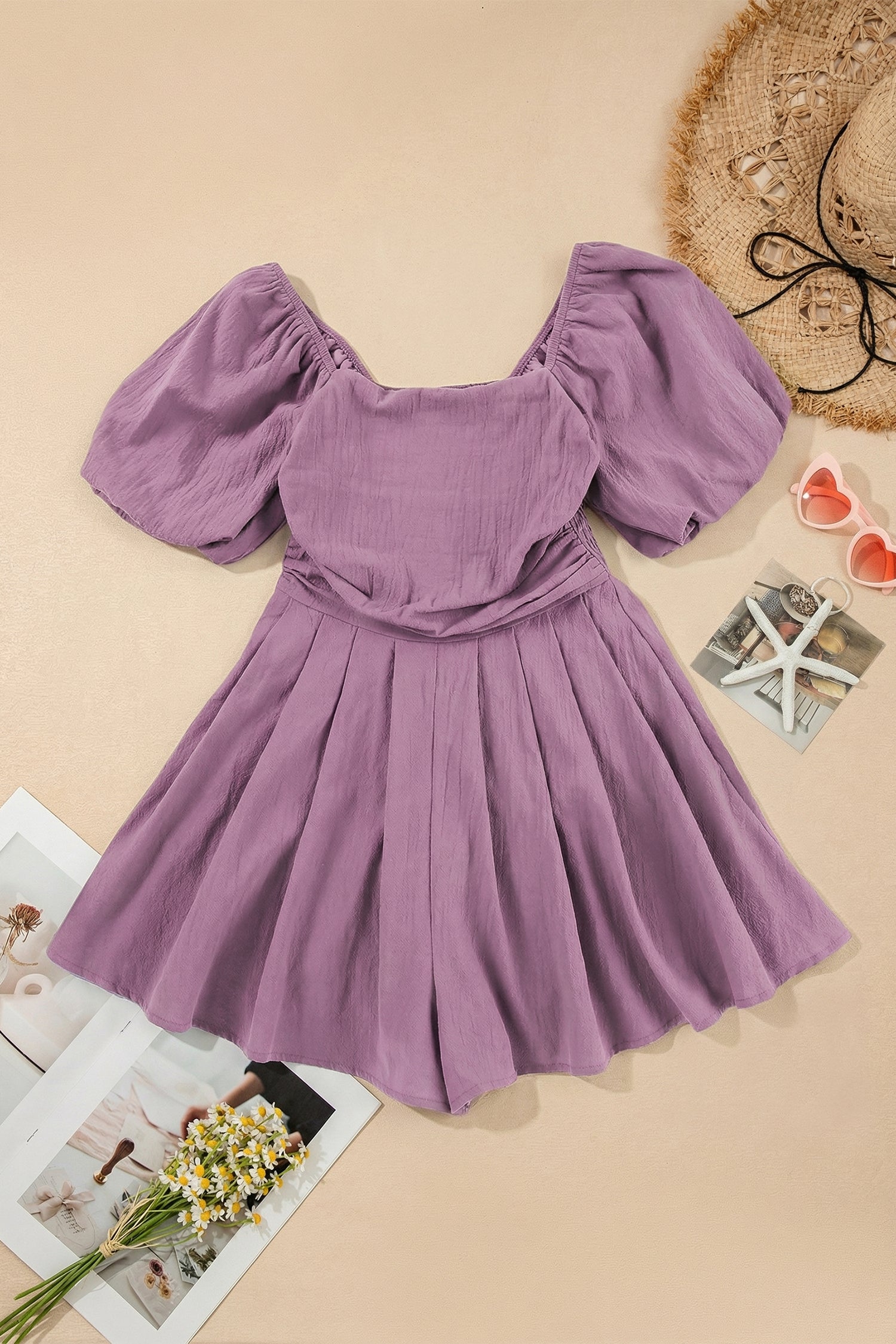 Valerian Square Neck Ruched Puff Sleeve Romper