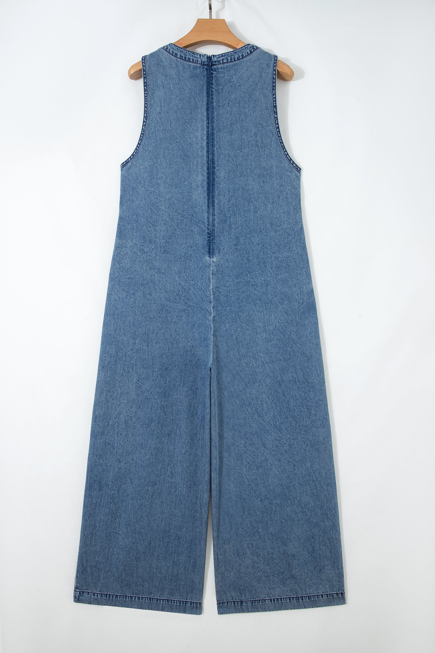 Dusk Blue Acid Wash Pintuck Tie V Neck Denim Wide Leg Jumpsuit