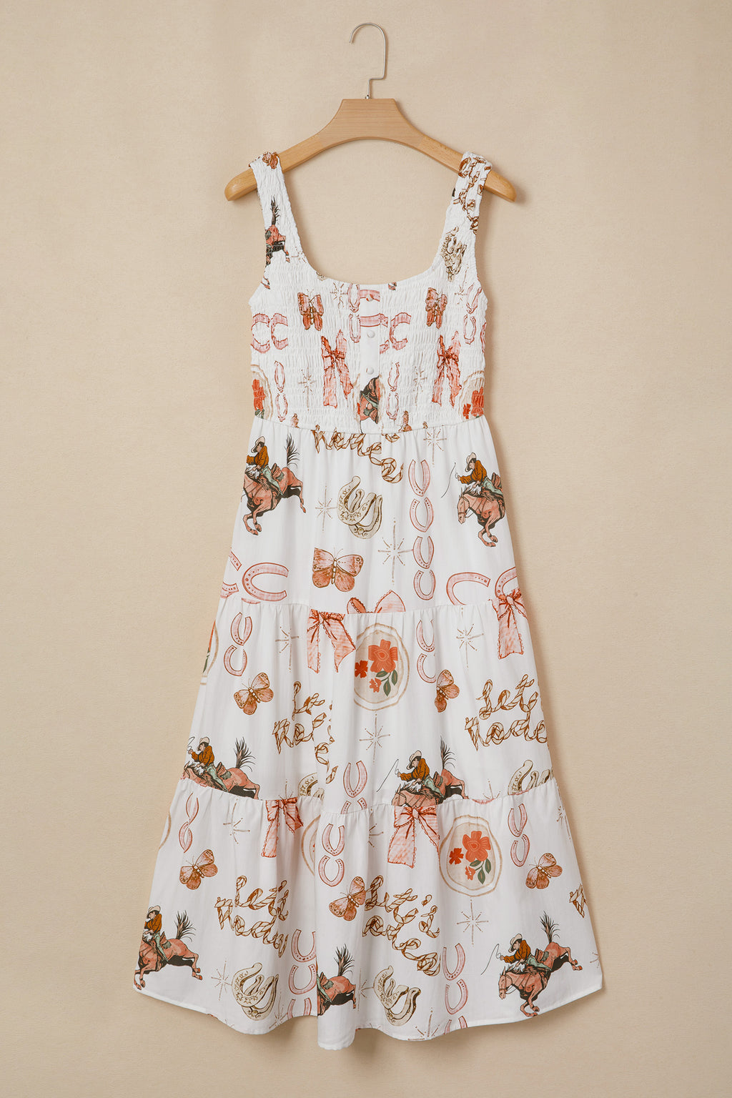 White Western Horseshoe Print U-Neck Sleeveless Midi Dress