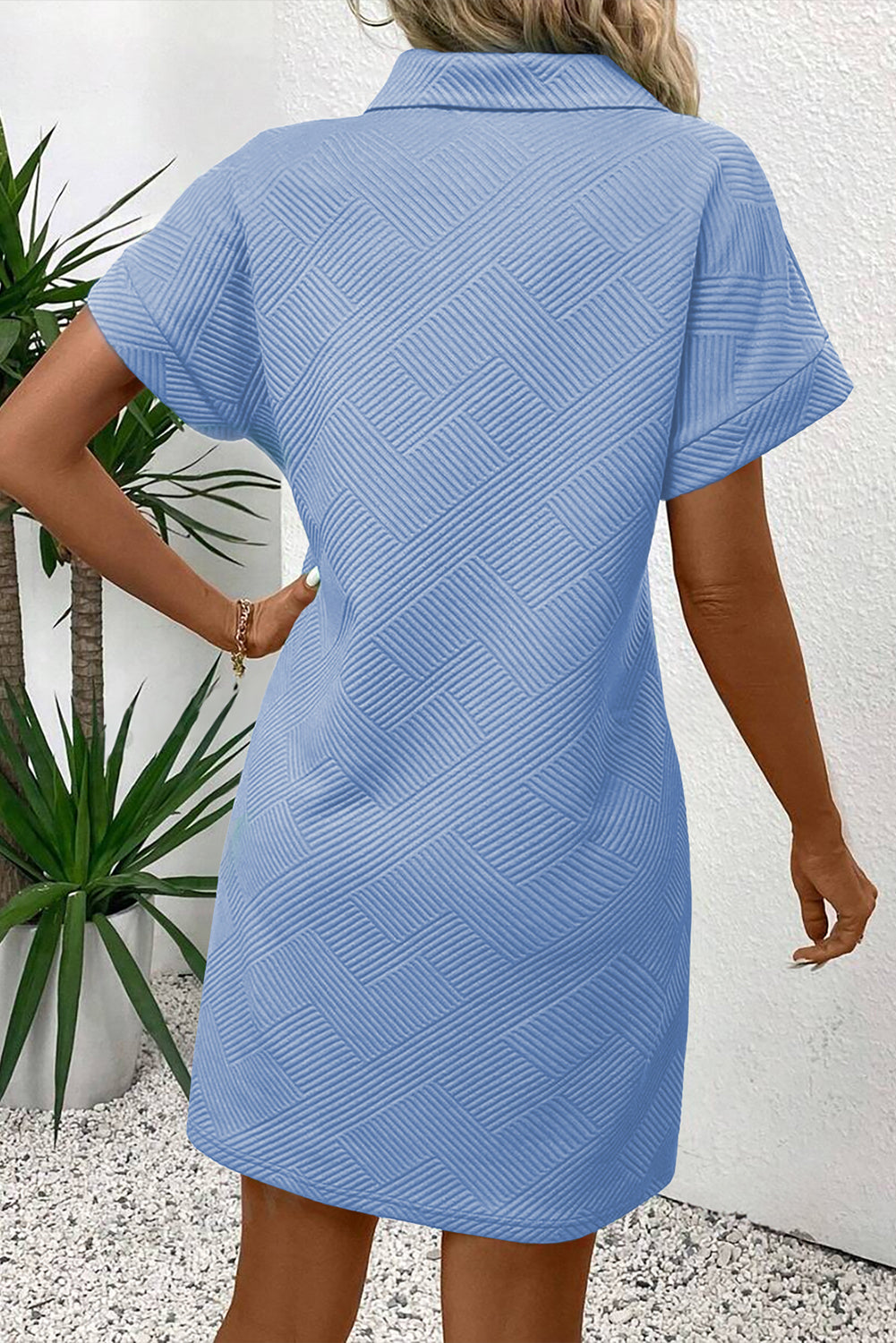 Myosotis Solid Color Textured Short Sleeve A Line Mini Dress