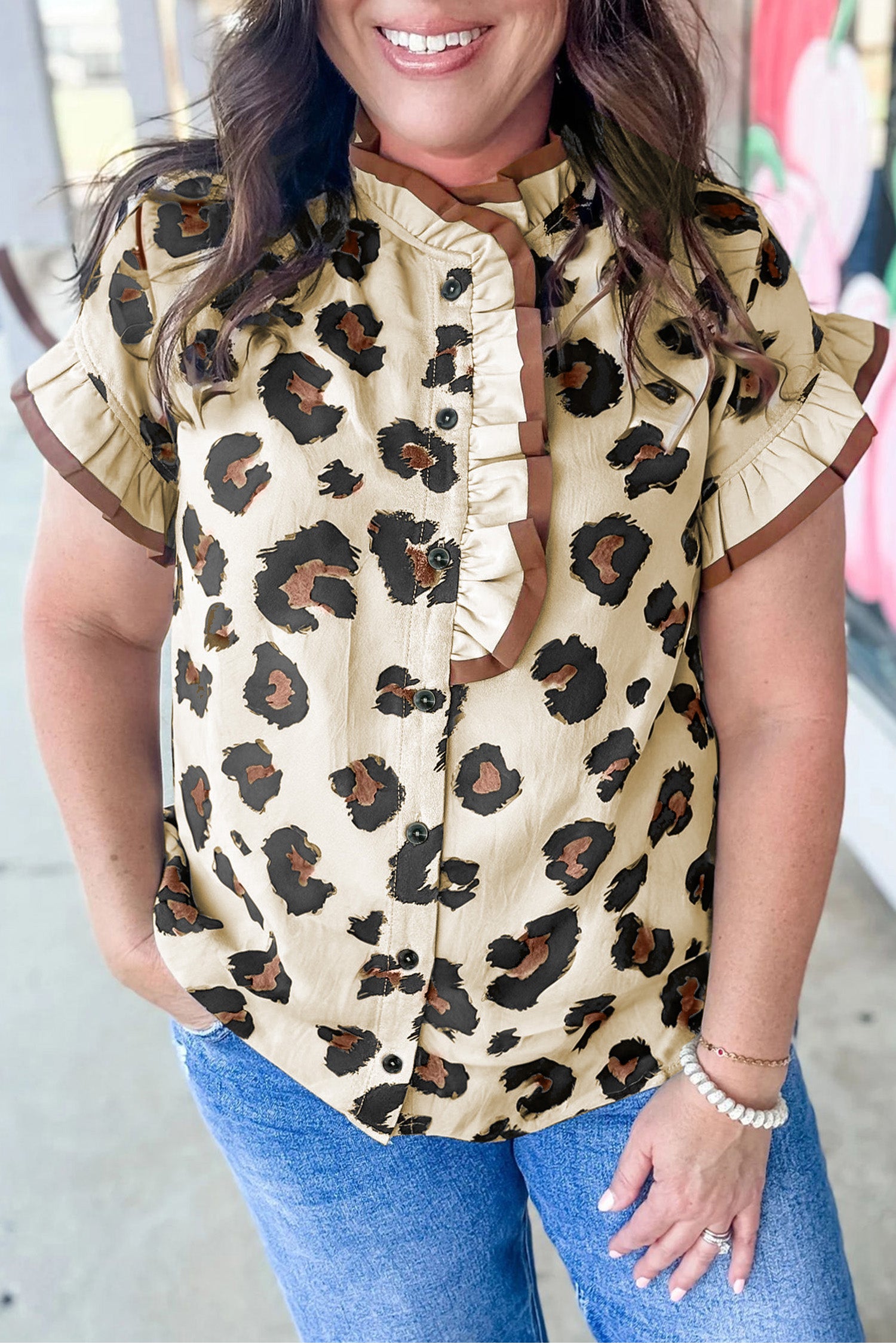 Khaki Plus Size Leopard Print Frilled Color Block Trim Button Down Short Sleeve Blouse