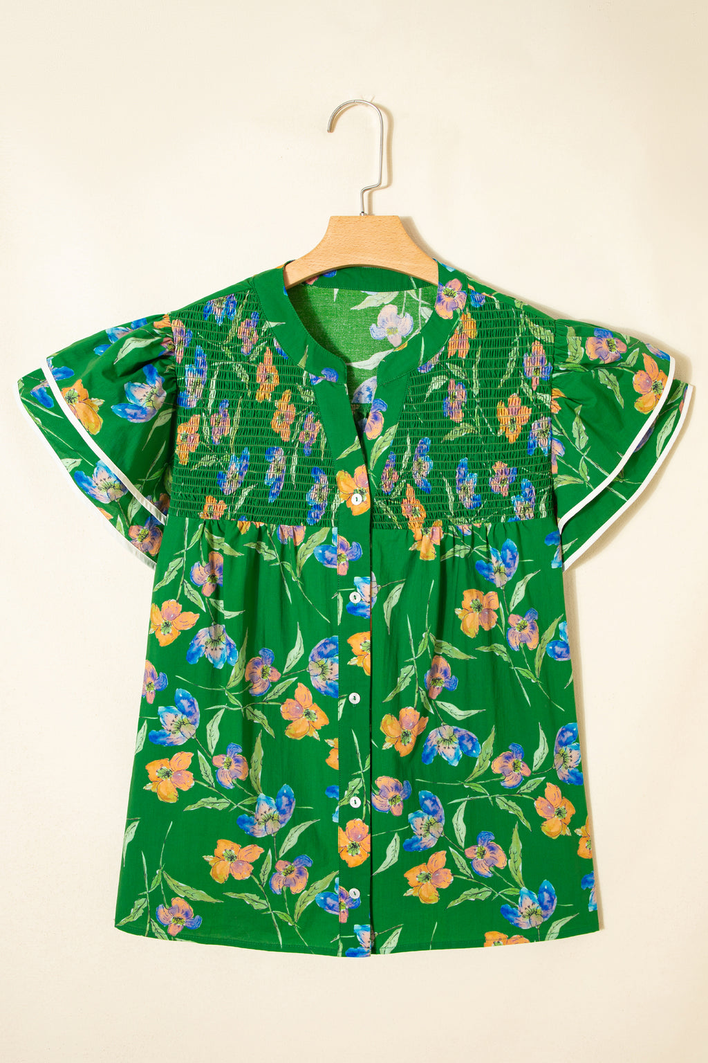 Green Plus Size Ruffled Short Sleeve Floral Top
